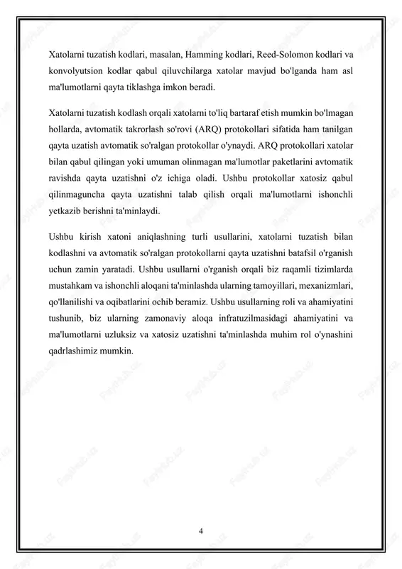abul qilishni to'xtatib qo'yishi mumkin, bu esa asl ma'lumotlarni qayta tiklash uchun xatolarni tuzatishning kuchli usullarini talab qiladi. 3. interferentsiya va o'zaro bog'liqlik: · interferentsiya va o'zaro bog'lanish xatolari kiruvchi signallar yoki elektromagnit parazitlarning kerakli aloqa signali bilan bir-biriga mos kelishi natijasida yuzaga keladi. · interferentsiya qo'shni kanallar, qo'shni uzatish tizimlari yoki elektromagnit nurlanishning tashqi manbalaridan kelib chiqishi mumkin. · o'zaro bog'lanish qo'shni uzatish kanallari yoki aloqa liniyalari signallari ulanish yoki yaqinlik tufayli bir-biriga xalaqit berganda paydo bo'ladi. · ta'sir: interferentsiya va o'zaro bog'lanish signal to'lqin shakllarini buzish, signal o'tishlarini buzish yoki aloqa kanaliga shovqin kiritish orqali qabul qilingan ma'lumotlarda xatolarga olib kelishi mumkin. 4. tizimli xatolar: · tizimli xatolar - bu aloqa tizimining tarkibiy qismlari yoki signallarni qayta ishlash algoritmlaridagi nomukammallik yoki noto'g'rilikdan kelib chiqadigan tasodifiy bo'lmagan xatolar. · ushbu xatolar uzatuvchi yoki qabul qiluvchi apparatidagi noaniqliklar, noto'g'ri kalibrlash yoki signalni qayta ishlashning chiziqli bo'lmasligi natijasida yuzaga kelishi mumkin. …