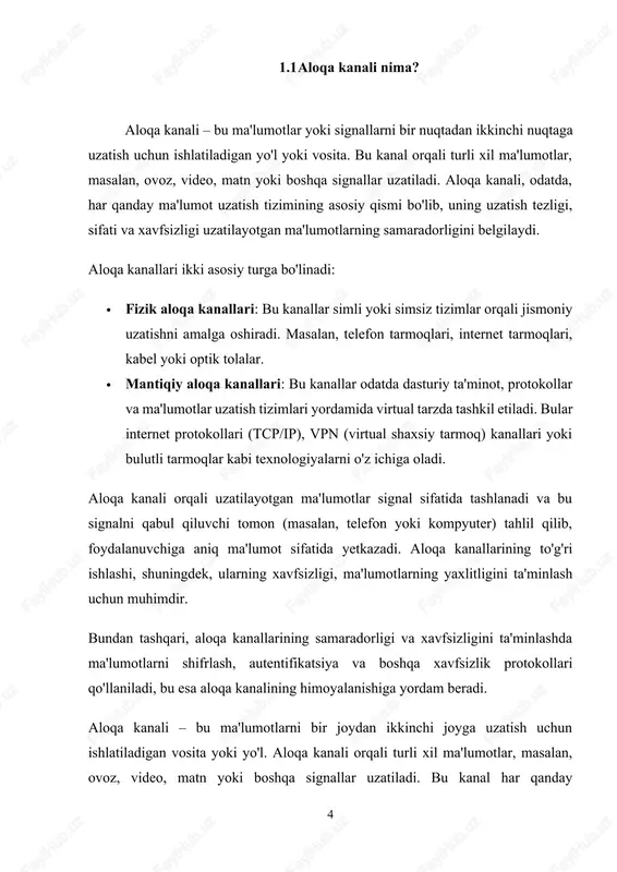 himoyalangan bo'ladi. bu kanalning asosiy maqsadi - uzatilayotgan ma'lumotlarning xavfsizligini ta'minlash, ya'ni har qanday tashqi xurujlardan, xakerlikdan va boshqa xavflardan himoya qilish. xavfsiz aloqa kanali quyidagi xususiyatlar bilan ajralib turadi: · shifrlash: ma'lumotlar uzatilayotganda ularni shifrlash orqali noxush tomonlardan (masalan, xakerlardan) himoya qilish. · yaxlitlikni ta'minlash: ma'lumotlar uzatilganda ular buzilmasligi yoki o'zgarmasligi uchun maxsus tekshiruv mexanizmlarini qo'llash. · autentifikatsiya: aloqa tomonlarini tasdiqlash, ya'ni jo'natuvchi va qabul qiluvchi tomonlarning haqiqiyligini tekshirish. · imzo qo'yish: ma'lumotlar uzatish jarayonida ularning to'g'riligini va manbasini tasdiqlash uchun digital imzo qo'llaniladi. xavfsiz aloqa kanali bilan bog'liq bo'lgan asosiy farqlarni quyidagicha tavsiflash mumkin: 1. aloqa kanalining maxfiyligi · oddiy aloqa kanalida ma'lumotlar uzatish jarayonida tashqi shaxslar (masalan, xakerlar) tomonidan o'qilishi mumkin bo'ladi. · xavfsiz aloqa kanalida ma'lumotlar shifrlanadi, shuning uchun tashqi shaxslar ma'lumotlarni o'qiy olmaydi. 2. aloqa kanalining yaxlitligi · oddiy aloqa kanalida uzatilgan ma'lumotlar buzilishi yoki o'zgartirilishi mumkin. · xavfsiz aloqa kanalida, ma'lumotlar uzatilganda, ular yaxlitligini …