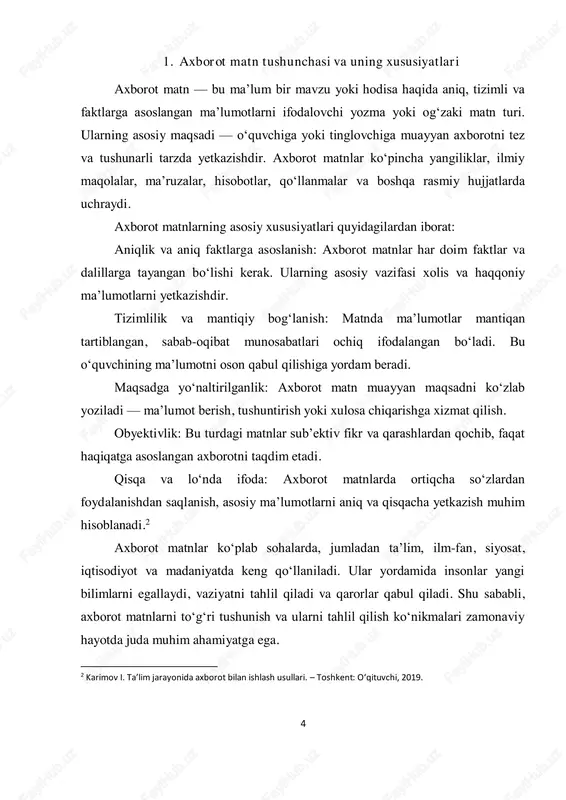 ning tuzilishi — kirish, asosiy qism va xulosa — har bir qismi o‘ziga xos vazifani bajaradi. matnning har bir bo‘limidagi ma’lumotlarni aniqlash va ularning qanday bog‘langanini tushunish tahlil jarayonining muhim qismidir. til va uslub xususiyatlarini o‘rganish: matnda ishlatilgan til, so‘z birikmalari va uslubiy vositalarni aniqlash, ular yordamida muallifning fikrini qanday ifodalashi matn mazmunini to‘liqroq anglashga xizmat qiladi. ayniqsa, texnik yoki ilmiy matnlarda maxsus terminlar va atamalarga e’tibor qaratish zarur. matn mazmunini umumlashtirish: matnni o‘qib chiqqandan so‘ng, uning asosiy g‘oyalarini qisqacha bayon qilish, xulosalar chiqarish – tahlilning yakuniy bosqichidir. bu o‘quvchiga olingan ma’lumotlarni mustahkamlash va ular asosida yangi bilim hosil qilish imkonini beradi. 6 savol-javob va muhokama usuli: matn ustida ishlashda savol-javob yoki guruh muhokamalari o‘quvchilar yoki tadqiqotchilarning fikrini shakllantirish va mustahkamlashga yordam beradi. bu usul matnni chuqurroq tushunishga va uning ijtimoiy, ilmiy ahamiyatini aniqlashga xizmat qiladi. axborot matn ustida ishlashda savol-javob va muhokama usuli samarali o‘rganish va tahlil qilish jarayonini …