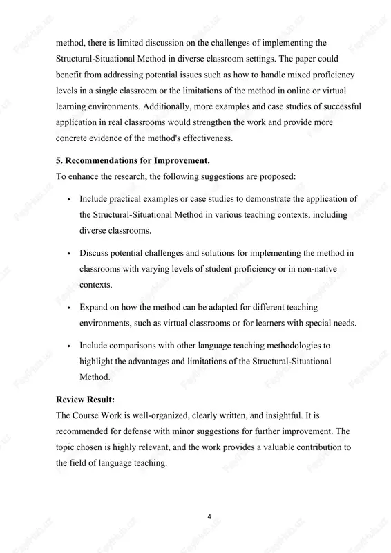 dvantages of the structural-situational method 2.1. improved language proficiency....................................................................28 2.2. limitations and challenges of the structural-situational method..................37 2.3. comparative analysis with other teaching methods....................................42 conclusion………………….…………………………………………………..46 references……………….……………………………………………………..47 introduction the structural-situational method is a key approach in foreign language teaching that integrates the learning of language structures with real-life contexts. this method emphasizes teaching language through controlled practice, where grammatical structures are introduced and practiced in specific, meaningful situations that students might encounter in everyday life. its development was influenced by the need to create a more systematic and practical way to teach foreign languages, aligning theory with real communication needs. the structural-situational method combines elements of both structuralism and situational language teaching, offering a balanced approach that prioritizes linguistic accuracy while promoting communicative competence. the core idea behind this method is that language learning should not be isolated from the context in which it is used. instead, learners are exposed to …