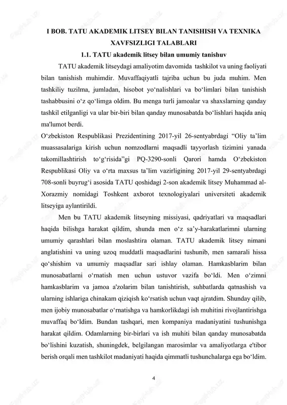 unishga imkon berdi. fikr-mulohaza va yo‘l-yo‘riq izlash ushbu amaliyot davomida mening o‘sishimda muhim rol o‘ynadi. men muntazam ravishda o‘z malakamni oshirish va tatu akademik litsey kutganlariga moslashish uchun rahbarim, ustozim va hamkasblarimdan fikr-mulohazalarini so‘rayman. ularning fikrlari mening rivojlanishimda bebaho yordam berdi. amaliyotim davomida men o‘zimga topshirilgan vazifalardan tashqari hissa qo‘shish imkoniyatlarini qidirdim, yaxshilanishlarni taklif qildim va iloji boricha jamoadoshlarimga yordam taklif qildim. ushbu faol munosabat mening tatu akademik litseyga bo‘lgan sadoqatim va ishtiyoqimni namoyish etdi. umuman olganda, tatu akademik litsey bilan tanishish men uchun doimiy jarayon bo‘ldi. men bunga sabr-toqat, ochiq fikr va o‘rganishga tayyorlik bilan yondashdim. tashkilotda faol ishtirok etish, uning tuzilishi, qadriyatlari va madaniyatini tushunish va maqsadlariga hissa qo‘shish orqali men o‘z amaliy tajribamdan maksimal darajada foydalana oldim, deb o‘ylayman. 1.2 texnika xavfsizligi tatu akademik litseyda bitiruv oldi amaliyoti davomida xodimlar va uskunalar uchun xavfsiz ish muhitini ta'minlash uchun texnik xavfsizlikka ustuvor ahamiyat berish juda muhimdir. tatu akademik …