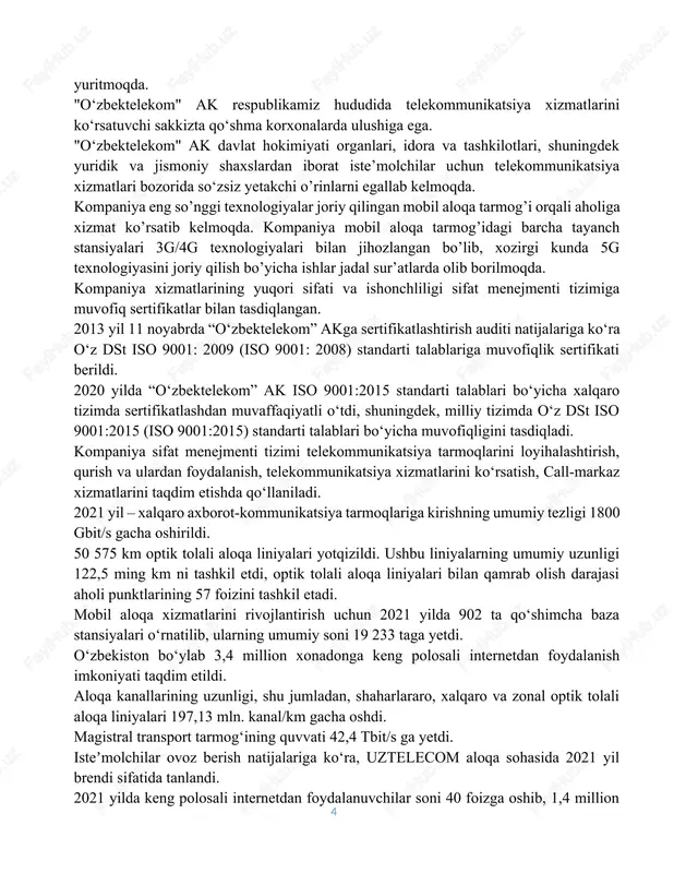 taqdim etishda qo‘llaniladi. 2021 yil – xalqaro axborot-kommunikatsiya tarmoqlariga kirishning umumiy tezligi 1800 gbit/s gacha oshirildi. 50 575 km optik tolali aloqa liniyalari yotqizildi. ushbu liniyalarning umumiy uzunligi 122,5 ming km ni tashkil etdi, optik tolali aloqa liniyalari bilan qamrab olish darajasi aholi punktlarining 57 foizini tashkil etadi. mobil aloqa xizmatlarini rivojlantirish uchun 2021 yilda 902 ta qo‘shimcha baza stansiyalari o‘rnatilib, ularning umumiy soni 19 233 taga yetdi. o‘zbekiston bo‘ylab 3,4 million xonadonga keng polosali internetdan foydalanish imkoniyati taqdim etildi. aloqa kanallarining uzunligi, shu jumladan, shaharlararo, xalqaro va zonal optik tolali aloqa liniyalari 197,13 mln. kanal/km gacha oshdi. magistral transport tarmog‘ining quvvati 42,4 tbit/s ga yetdi. isteʼmolchilar ovoz berish natijalariga ko‘ra, uztelecom aloqa sohasida 2021 yil brendi sifatida tanlandi. 2021 yilda keng polosali internetdan foydalanuvchilar soni 40 foizga oshib, 1,4 million abonentga yetdi. xalqaro paketli kommutatsiya markaziga ulangan operator va provayderlar uchun tashqi internet-kanalning 1 mbit/s narxi 25 foizga, yaʼni …
