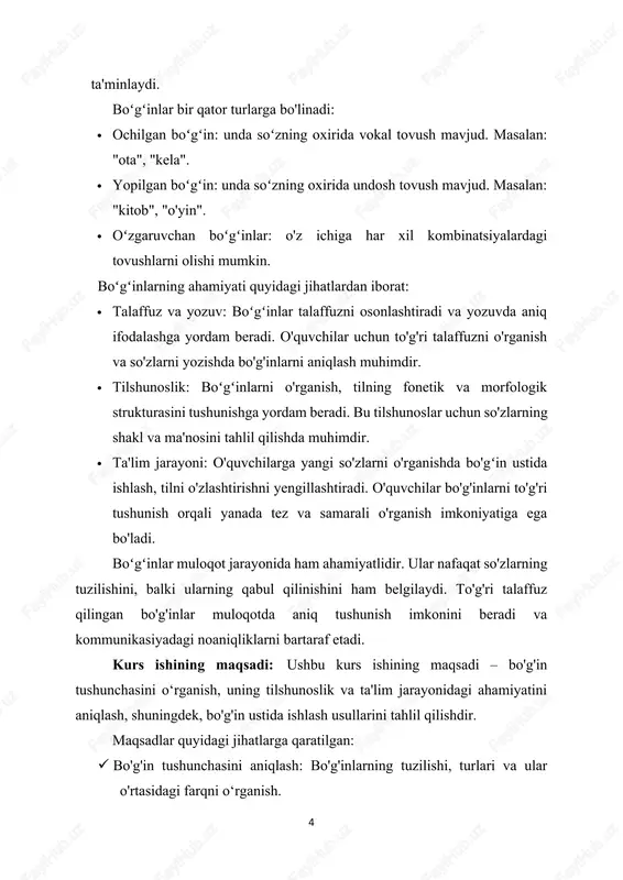lashtirish: olingan ma'lumotlarni tahlil qilish va bo'g'in ustida ishlashning kelgusi istiqbollarini belgilash. ushbu maqsadlar orqali, kurs ishi bo'g'inlar haqida yanada chuqurroq tushuncha hosil qilishga va til o'rganish jarayonida samarali usullarni ishlab chiqishga yordam beradi. kurs ishining vazifalari: ushbu kurs ishining vazifalari bo'g'in ustiga ishlashning muhim jihatlarini o'rganishga qaratilgan. vazifalar quyidagilardan iborat: · bo'g'in tushunchasini ta'riflash: bo'g'inlarning asosiy xususiyatlarini, turlarini va strukturasini aniqlash va tushuntirish. · bo'g'inlarning ahamiyatini tahlil qilish: tilshunoslik va pedagogikadagi bo'g'inlarning rolini o'rganish va bu jarayonda qanday ahamiyatga ega ekanligini ko'rsatish. · bo'g'in ustida ishlash metodlarini aniqlash: o'quvchilar uchun bo'g'inlarni o'rganish jarayonini samarali ravishda tashkil etishga yordam beradigan metodlar va strategiyalarni ko'rib chiqish. · amaliy tadqiqot o'tkazish: o'quvchilarning bo'g'inlar ustida ishlash tajribasini o'rganish, ularning qiyinchiliklari va muvaffaqiyatlarini tahlil qilish. · tahliliy va statistik ma'lumotlarni to'plash: bo'g'inlar ustida ishlash jarayonida to'plangan ma'lumotlarni tahlil qilish va natijalarni umumlashtirish. · natijalarni xulosalash: olingan natijalar asosida bo'g'in ustida ishlashning kelgusi istiqbollarini va …