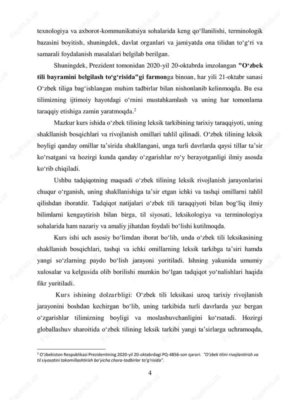 dir. kurs ishining maqsadi: mazkur kurs ishining asosiy maqsadi oʻzbek tili leksikasining tarixiy taraqqiyotini oʻrganish va uning shakllanishiga ta’sir etgan ichki va tashqi omillarni tahlil qilishdan iborat. ushbu maqsad doirasida quyidagi vazifalar bajariladi:  oʻzbek tilining leksik tarkibining shakllanish bosqichlarini aniqlash;  arab, fors, rus va boshqa tillardan kirgan soʻzlarning oʻzbek leksikasidagi oʻrnini tahlil qilish;  oʻzbek tilidagi soʻz yasalish jarayonlari va yangi soʻzlarning paydo boʻlish mexanizmlarini oʻrganish;  mustaqillik davridan keyin oʻzbek tili leksikasida roʻy bergan oʻzgarishlarni o‘rganish va umumiy xulosalar chiqarish. ushbu tadqiqot oʻzbek tilining rivojlanish jarayonlarini yanada chuqurroq tushunish va tilimizning kelajakdagi istiqbollarini belgilashga xizmat qiladi. kurs ishining obyekti: mazkur kurs ishining obyekti – oʻzbek tilining leksik tarkibi va uning tarixiy taraqqiyot jarayonidir. tadqiqot davomida oʻzbek tilining qadimiy davrlardan hozirgi kungacha bo‘lgan leksik rivojlanishi, turli tarixiy bosqichlardagi oʻzgarishlar va leksik tarkibning boyish jarayonlari oʻrganiladi. kurs ishining predmeti. kurs ishining predmeti – oʻzbek tilining leksikasida yuz bergan oʻzgarishlar, …