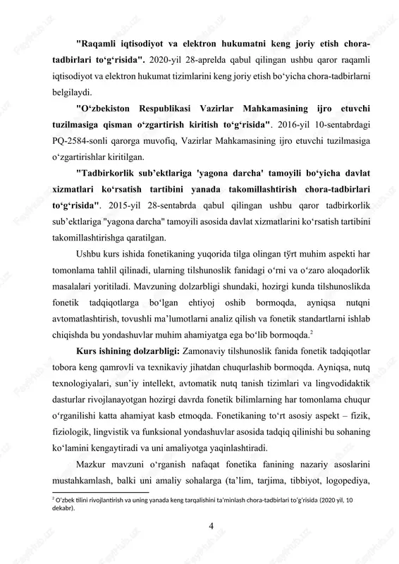 ik, lingvistik va funksional) nazariy hamda amaliy jihatdan o‘rganish, ularning o‘zaro farqi va bog‘liqligini aniqlash, hamda tilshunoslikdagi tutgan o‘rnini tahlil qilishdan iborat. kurs ishining obyekti: mazkur kurs ishining obyekti — inson nutqining fonetik tarkibi, ya’ni tovushlarning hosil boʻlishi, tarqalishi va til tizimidagi mavjudligi bilan bog‘liq tabiiy nutq jarayonidir. ushbu obyekt orqali fonetikaning turli yondashuvlari asosida nutq tovushlarini har tomonlama tahlil qilish imkoni mavjud. kurs ishining predmeti: kurs ishining predmeti — fonetika fanining to‘rt asosiy aspekti: · fizik-akustik aspekt, · anatomik-fiziologik aspekt, · lingvistik aspekt, · funksional aspekt. ushbu yondashuvlar doirasida tovushlarning fizik tavsifi, artikulyatsion xususiyatlari, fonemik tizimdagi o‘rni va nutqdagi kommunikativ funksiyasi tahlil etiladi. kurs ishining vazifalari: ushbu kurs ishini bajarishda quyidagi vazifalar belgilab olingan: · fonetika fanining predmeti va uning tilshunoslikdagi o‘rnini aniqlash; · fonetikaning to‘rt asosiy aspekti — fizik-akustik, anatomik-fiziologik, lingvistik va funksional yondashuvlarga nazariy jihatdan ta’rif berish; · har bir aspekt asosida nutq tovushlarini o‘rganish metodlarini ko‘rsatish; …
