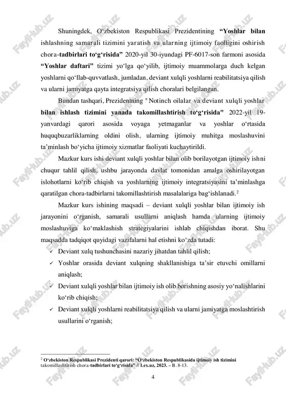 ni keltirib chiqaruvchi omillarni tahlil qilish, yoshlar bilan ishlash usullarini oʻrganish va samarali ijtimoiy ish tizimini shakllantirishga qaratilganligi bilan dolzarb ahamiyatga ega. kurs ishining maqsadi: ushbu kurs ishining asosiy maqsadi – deviant xulqli yoshlar bilan olib boriladigan ijtimoiy ish jarayonini oʻrganish, samarali reabilitatsiya va moslashtirish usullarini aniqlash hamda yoshlarning jamiyatga qayta integratsiyasini ta’minlashga yordam beruvchi chora-tadbirlarni ishlab chiqishdan iborat. kurs ishining vazifalari:  deviant xulq tushunchasini nazariy jihatdan tahlil qilish;  yoshlar orasida deviant xulq shakllanishining asosiy omillarini aniqlash;  deviant xulqli yoshlar bilan ishlashda qoʻllaniladigan ijtimoiy ish metodlarini oʻrganish; 6  yoshlarning ijtimoiy moslashuvi va reabilitatsiyasi boʻyicha samarali yoʻnalishlarni aniqlash;  deviant xulqning oldini olishga qaratilgan profilaktik chora-tadbirlarni ishlab chiqish. mazkur tadqiqot natijalari deviant xulqli yoshlar bilan ishlovchi mutaxassislar, ijtimoiy xizmat ko‘rsatuvchi tashkilotlar hamda ta’lim muassasalari uchun foydali manba bo‘lib xizmat qiladi. kurs ishining vazifasi: mazkur kurs ishi quyidagi vazifalarni hal etishni koʻzda tutadi:  deviant xulq tushunchasini nazariy …