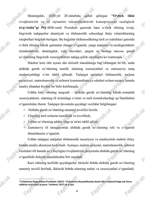 chunki til doimiy ravishda oʻzgarib, rivojlanib boradi va uning tarkibida turli soʻz qatlamlari shakllanadi. alohida guruh soʻzlar – terminlar, dialektal birliklar, jargonlar, arxaizmlar, neologizmlar va boshqa maxsus leksik birliklar til taraqqiyotida faol ishtirok etadi. ular jamiyatning madaniy, tarixiy va ijtimoiy oʻzgarishlarini aks ettiradi hamda nutqning turli funksional uslublarida namoyon boʻladi. globalizatsiya va texnologik taraqqiyot natijasida yangi soʻzlar paydo boʻlayotgani, ayrim birliklar esa eskirib, faol nutqdan chiqib ketayotganini kuzatish mumkin. shuningdek, tilning turli ijtimoiy qatlamlari oʻrtasidagi oʻziga xos xususiyatlarni oʻrganish ham muhim sanaladi. shu sababli, alohida guruh soʻzlarning turli jihatlarini oʻrganish, ularning qoʻllanilish sohalarini aniqlash va zamonaviy tilshunoslikka ta’sirini tahlil qilish dolzarb masalalardan biridir. kurs ishining maqsadi: ushbu kurs ishining asosiy maqsadi – alohida guruh soʻzlarning leksik-semantik xususiyatlarini, ularning til tizimidagi oʻrnini hamda amaliy qoʻllanilishini chuqur tahlil qilishdan iborat. kurs ishining maqsadidan kelib chiqib, quyidagi vazifalar belgilangan:  alohida guruh soʻzlarning umumiy tavsifini berish va ularning til tizimidagi oʻrnini aniqlash;  …