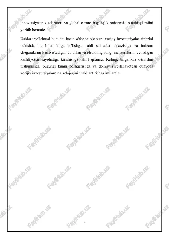 o'z ichiga oladi. xorijiy investitsiyalarning ahamiyati : xorijiy investitsiyalar iqtisodiy o‘sishni rag‘batlantirish, innovatsiyalarni rag‘batlantirish va global integratsiyani rag‘batlantirishda hal qiluvchi rol o‘ynaydi. uning ahamiyatini bir necha mezonlarga ko'ra tasniflash mumkin: iqtisodiy rivojlanish : xorijiy investitsiyalar kapital shakllanishini rag'batlantirish, bandlik imkoniyatlarini yaratish va texnologiyalar transferi va bilimlarning tarqalishini osonlashtirish orqali iqtisodiy rivojlanish uchun katalizator bo'lib xizmat qiladi. bu ishlab chiqarish quvvatlarini kengaytirish, infratuzilmani rivojlantirish va sanoat raqobatbardoshligini oshirishga hissa qo'shadi va shu orqali barqaror iqtisodiy o'sish va qashshoqlikni bartaraf etishga yordam beradi. global savdo va investitsiya oqimlari : xorijiy investitsiyalar bozorga kirishni, ta'minot zanjiri integratsiyasini va transchegaraviy hamkorlikni osonlashtirish orqali xalqaro savdo va sarmoya oqimini rag'batlantiradi. u ixtisoslashuvni, samaradorlikni oshirishni va miqyosdagi iqtisodni rag'batlantiradi, firmalarga qiyosiy ustunliklardan foydalanish va global qiymat zanjirlarida ishtirok etish imkonini beradi. bundan tashqari, xorijiy investitsiyalar ilg'or tajribalar, standartlar va innovatsiyalarning chegaralar bo'ylab tarqalishiga hissa qo'shadi, g'oyalarni o'zaro ta'minlashga yordam beradi va samaradorlikni oshiradi. geosiyosiy dinamika : …