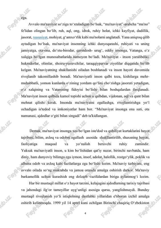 shish eng dolzarb vazifalardan biriga aylanmog‘i lozim. har bir mustaqil millat o‘z hayot tarzini, kelajagini ajdodlarning tarixiy tajribasi va jahondagi ilg‘or tamoyillar uyg‘unligi asosiga qursa, yanglishmaydi. bunday mustaqil rivojlanish yo‘li istiqlolning dastlabki yillaridan e'tiboran izchil amalga oshirib kelinmoqda. 1999 yil 14 aprel kuni ochilgan birinchi chaqiriq o‘zbekiston respublikasi oliy majlisining xiv sessiyasida "o‘zbekiston xxi asrga intilmoqda" deb nomlangan ma'ruzada islom karimov mamlakatimizni yangi asr arafasi va uning dastlabki yillaridagi rivojlanish strategiyasini belgilab berar ekan, "jamiyat ma'naviyatini yanada yuksaltirish" ni ustuvor yo‘nalishlardan ekanligini alohida ta'kidlab, ma'naviyatga mukammal ta'rif berish bilan birga bu sohada bugungi kunda oldimizda turgan eng muhim masalani ham aniq ko‘rsatib o‘tgan edi. erkin fuqaro ma'naviyatini, ozod shaxsni shakllantirish masalasi oldimizda turgan eng dolzarb vazifadir. boshqacha aytganda, biz o‘z haq-huquqlarini taniydigan, o‘z kuchi va imkoniyatlariga tayanadigan, atrofida sodir bo‘layotgan voqea-hodisalarga mustaqil munosabat bilan yondashadigan, ayni zamonda shaxsiy manfaatlarini mamlakat va xalq manfaatlari bilan uyg‘un holda ko‘radigan erkin, har jihatdan …