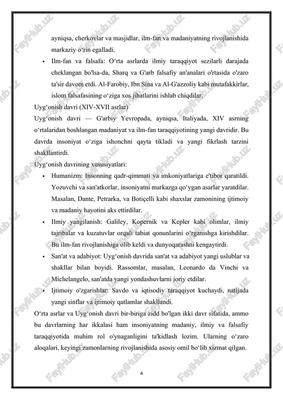 aql va e'tiqod o‘rtasidagi munosabatlar muhim ahamiyatga ega bo‘lib, dinning falsafiy jihatlari ko‘plab tahlil qilindi. oʻrta asr falsafiy tafakkurida aqlning kuchi va cheklovlari tahlil qilindi. 4. falsafaning boshqa sohalar bilan aloqalari · ilm-fan: oʻrta asr sharq falsafasi, ilm-fan, matematikalar va tabiiy fanlar bilan chambarchas bog‘liq bo‘lib, ko‘plab olimlar, falsafiy fikrlarni ilmiy tadqiqotlar bilan birlashtirdilar. · adabiyot va san'at: falsafa adabiyot va san'atga ham ta'sir ko‘rsatdi. oʻrta asr sharq adabiyotida, masalan, nizomiy, farididdin attor va boshqa adabiyot namoyandalari falsafiy g‘oyalarni o‘z asarlarida aks ettirdilar. 5. qiyosiy tahlil · sharq va g'arb o'rtasidagi aloqalar: oʻrta asr sharq falsafasi, g'arb falsafasining shakllanishiga ta'sir ko‘rsatdi. sharq mutafakkirlari, yunon falsafasining merosini o‘zlashtirib, yangi g‘oyalar va tushunchalarni rivojlantirdilar. oʻrta asr sharq falsafasi, din, ilm-fan va ijtimoiy hayot o‘rtasidagi murakkab va o‘zaro bog‘liq aloqalarni o‘rganish orqali, insoniyat fikrining taraqqiyotida muhim ahamiyatga ega bo‘ldi. bu davrning mutafakkirlari, ularning g‘oyalari va asarlari, zamonaviy falsafiy fikr va ilmiy metodologiyaning rivojlanishiga …