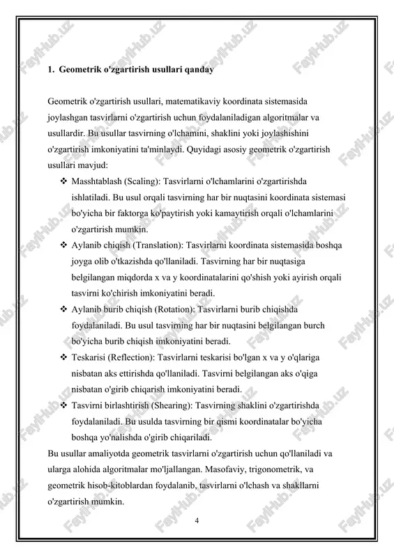 rning umumiy ko'rsatkichlari to'g'ri keltirilishini tekshirish uchun ham muhimdir. 3. obyektlarni aylanib chiqish usullari qanday ishlaydi va algoritmni tushuntiring. obyektlarni aylanib chiqish (translation) usullari, tasvirlarni koordinata sistemasida boshqa joyga olib o'tkazishda qo'llaniladi. bu usul ko'ordinatalarni o'zgartirib, shuningdek tasvirni boshqa o'rtaga joylashgandan keyin yangi holatiga o'tkazadi. aylanib chiqish usullarining asosiy qadam-lari quyidagi ko'rinishda bo'ladi: boshlang'ich nuqta tanlash: aylanib chiqish jarayonida tasvirning boshlang'ich nuqtasi tanlanadi. bu nuqta x va y koordinatalari orqali tasvirdagi bir nuqta bo'lib, aylanish amalini boshlaydi. yangi koordinatalarni hisoblash: boshlang'ich nuqtaning x va y koordinatalari ustida belgilangan miqdorda ko'chish amaliyoti o'tkaziladi. tasvirning x va y koordinatalari ko'paytiriladi yoki kamaytiriladi, shunday qilib tasvir boshqa joyga o'tadi. boshqa nuqtalarga taalluq qo'ladi: boshlang'ich nuqta o'zgartirilganidan so'ng, boshqa tasvirning nuqtalari ham yangi koordinatalarga o'tkaziladi. bu jarayon ko'ordinatalar bo'yicha barcha tasvirning ko'chishini ta'minlaydi. yangi tasvir chizish: ko'chish amalini bajarilgan keyin yangi tasvir chiziladi yoki elektron ma'lumotlar bazasida saqlanadi. tasvir aylanish holatida qayerga ko'chish kerakligini …