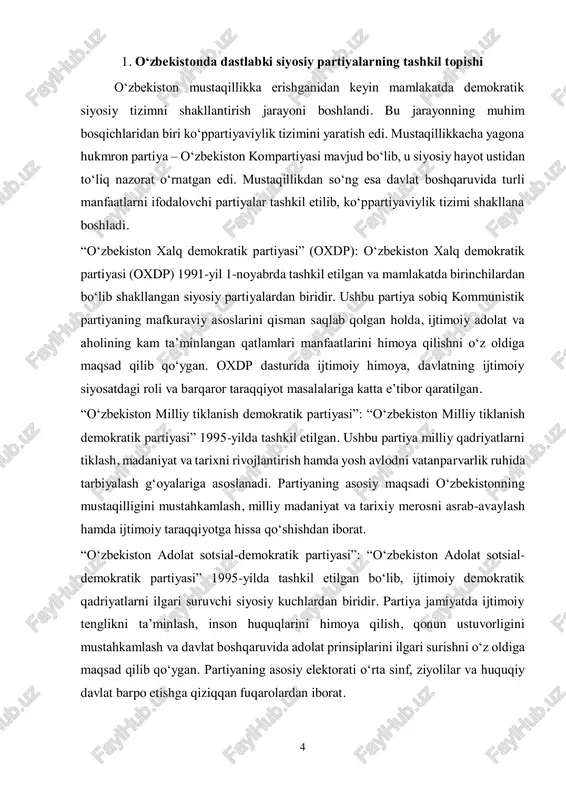 h, demokratik tamoyillarni rivojlantirish va fuqarolarning siyosiy jarayondagi ishtirokini kuchaytirish mamlakatdagi koʻppartiyaviy tizimni mustahkamlash uchun muhim omillardan hisoblanadi. 6 2. koʻppartiyaviylik tizimining huquqiy asoslari oʻzbekistonda koʻppartiyaviy tizimning shakllanishi va rivojlanishi mustahkam huquqiy asoslarga tayanadi. davlatda siyosiy plyuralizmni ta’minlash, partiyalarning huquq va majburiyatlarini belgilash hamda ularning faoliyatini tartibga solish uchun konstitutsiya va maxsus qonunlar ishlab chiqilgan. konstitutsiyada siyosiy plyuralizm kafolatlari: oʻzbekiston respublikasi konstitutsiyasi mamlakatda koʻppartiyaviy tizimning asosiy huquqiy poydevorini yaratadi. konstitutsiyada siyosiy plyuralizm, fuqarolarning siyosiy jarayonda ishtirok etish huquqi va siyosiy partiyalarning erkin faoliyat yuritishi kafolatlangan.  konstitutsiyaning 12-moddasi: "oʻzbekiston respublikasi ijtimoiy hayoti siyosiy institutlar, mafkuralar va fikrlarning koʻpligi (plyuralizmi) asosida rivojlanadi. hech qanday mafkura davlat mafkurasi sifatida oʻrnatilishi mumkin emas."  ushbu norma siyosiy tizimning bir mafkura yoki bir partiya bilan cheklanmasligini, turli siyosiy kuchlarning faoliyat yuritish huquqiga ega ekanligini belgilaydi.  konstitutsiyaning 58-moddasi: "fuqarolar oʻz manfaatlarini ifoda etish va himoya qilish uchun siyosiy partiyalar, kasaba uyushmalari, boshqa jamoat birlashmalari …