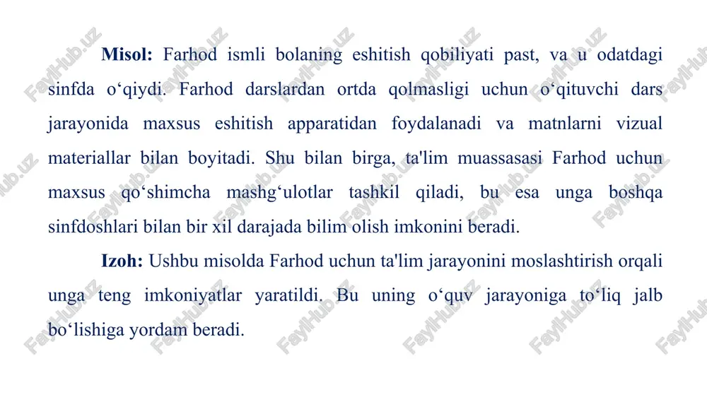 yicha juda iqtidorli. o‘qituvchi alisherning bu qobiliyatini rag‘batlantirish uchun unga sinf oldida matematik masalalarni yechishga imkoniyat beradi. natijada, alisher o‘ziga bo‘lgan ishonchini oshirib, sinfdoshlarining hurmatini qozonadi. izoh: alisherning qobiliyatlarini e'tirof etish orqali uning o‘ziga ishonchi oshdi va sinfdagi ijtimoiy muhit ijobiy tomonga o‘zgardi. bu uning nafaqat bilim olishiga, balki ijtimoiy moslashuviga ham yordam berdi. inklyuziv yondashuvlar bu bolalarni o‘rganish va muvaffaqiyatga erishishda qo‘llabquvvatlaydi, ularga yaxshi hayot uchun imkoniyatlar beradi. inklyuziv ta’limni psixologik qo‘llabquvvatlashning maqsadi har xil boshlang‘ich imkoniyatlariga ega bo‘lgan barcha toifadagi bolalarning sifatli ta’limga bo‘lgan ehtiyojlarini qondirishdir. asosiy maqsadlar: inklyuziv ta’lim jarayonini samarali psixologik-pedagogik qo‘llabquvvatlash tizimini tashkil etish; - alohida ta’limga ehtiyoji bo‘lgan bolalarni moslashtirish, tuzatish va ijtimoiylashtirish jarayonining samaradorligini ta’minlash; - yosh avlod ongida tolerantlik munosabatlarini tarbiyalash. inklyuziv ta’lim muhitiga qo‘shilishning dastlabki bosqichida o‘qituvchilar bilan treninglar o‘tkazish kerak, unda barcha ishtirokchilar o‘z qo‘rquvlari, umidlari va noto‘g‘ri tushunchalarini erkin ifoda etishlari mumkin. trening davomida o‘qituvchilarga turli xil xususiyatlarga ega …
