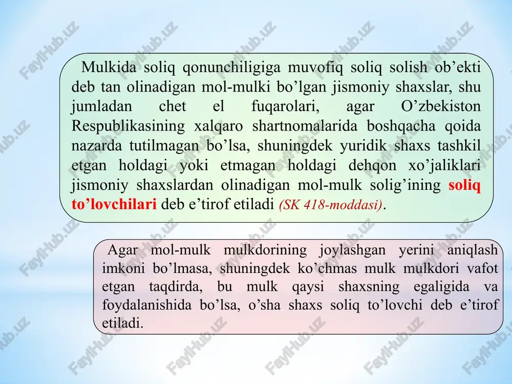 orida belgilanadi. 13 14 bo’sh turgan binolar, foydalanilmayotgan ishlab chiqarish maydonlari, yashash uchun mo’ljallanmagan inshootlar, shuningdek qurilishi tugallanmagan ob’ektlarga nisbatan qonun hujjatlarida oshirilgan soliq stavkalarini belgilash yo’li bilan yuridik shaxslar uchun nazarda tutilgan ta’sir choralari qo’llanilishi mumkin. 14 15 quyidagilarning mulkida bo’lgan mol-mulk soliq solishdan ozod etiladi: 1) «o’zbekiston qahramoni», sovet ittifoqi qahramoni, mehnat qahramoni unvonlariga sazovor bo’lgan, uchala darajadagi shuhrat ordeni bilan taqdirlangan fuqarolarning. mazkur imtiyoz tegishincha «o’zbekiston qahramoni» unvoni berilganligi to’g’risidagi guvohnoma, sovet ittifoqi qahramoni, mehnat qahramoni daftarchalari, orden daftarchasi yoki mudofaa ishlari bo’yicha bo’limning ma’lumotnomasi asosida beriladi; 2) urush nogironlari va qatnashchilari, shuningdek doirasi qonun hujjatlari bilan belgilanadigan ularga tenglashtirilgan shaxslar. mazkur imtiyoz urush nogironining (qatnashchisining) tegishli guvohnomasi yoki mudofaa ishlari bo’yicha bo’limning yoxud boshqa vakolatli organning ma’lumotnomasi asosida, boshqa nogironlarga (qatnashchilarga) esa nogironning (qatnashchining) imtiyozlarga bo’lgan huquqi to’g’risidagi guvohnoma asosida beriladi; 15 3) sobiq sssrni, o’zbekiston respublikasining konstitutsiyaviy tuzumini himoya qilish yoki harbiy xizmatning yoxud ichki …