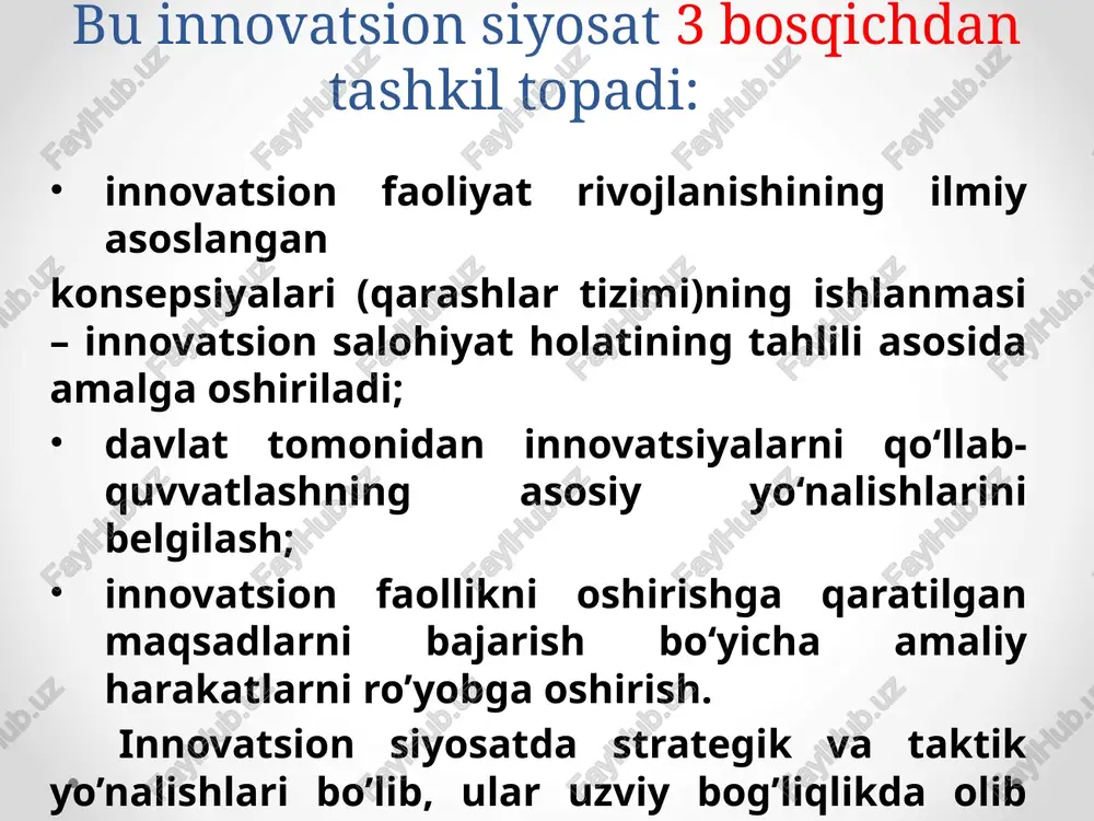 atsion mahsulot sotishga bog’liqligi. innovatsiya bozori xususiyatlarining kompaniya marketing xizmatlari turlari shakllanishiga ta'siri yaratilgan mahsulotning tarmoqlararo xususiyatga egaligi sababli kompaniyaning salohiyatli iste'molchi izlashi va uni o’rganishi zarurligi; innovatsion mahsulotni sotish uzoh va uzluksiz reklamaga muxtojligi; innovatsion tovarlarning iste'molchilarning yangi sifat ehtiyojlarni qanoatlashtirilishi va o’z ustivorliklarini ko’rsatishi lozim; murakkab ilmiy texnik mahsulotlarni bozorga chiqarishda ular namunaviy, jamoaviy iste'molchiga yo’naltirilgan bo’lishi kerak; innovatsion tovarlarni sotishda ularni ekspertlar tomonidan o’rganilishi hamda bozorlar bilan ham ko’p tomonlama muzokaralar olib borilishi zarur; innovatsion mahsulotlar sotishda ularga yana keyingi servis xizmatlarini yuqori darajada tashkil qilishi kerak; kompaniya innovatsion mahsulotlar sotishda iste'molchilar uchun yarmarkalar, konferensiyalar forumlar tashkil qilish kerak; murakkab innovatsion mahsulotlar sotishda ularni barcha ustunliklarini ko’rsata bilish lozim. tadbirkorlarning innovatsiya mahsulotlari marketing xizmatlari, narxlarni shakllanishi, tashkiliy va biznesni yuritishdagi asosiy masalalari mahsulot iste'molchining ehtiyojlari talabiga muvofiq bo’lishi; narx iste'molchining istakgiga muvofiq va uning ehtiyojini qondirishga rag’batlantirishi lozim; mahsulot sotilishi iste'molchi olishiga qulay joyda bo’lishi kerak; sotilish …