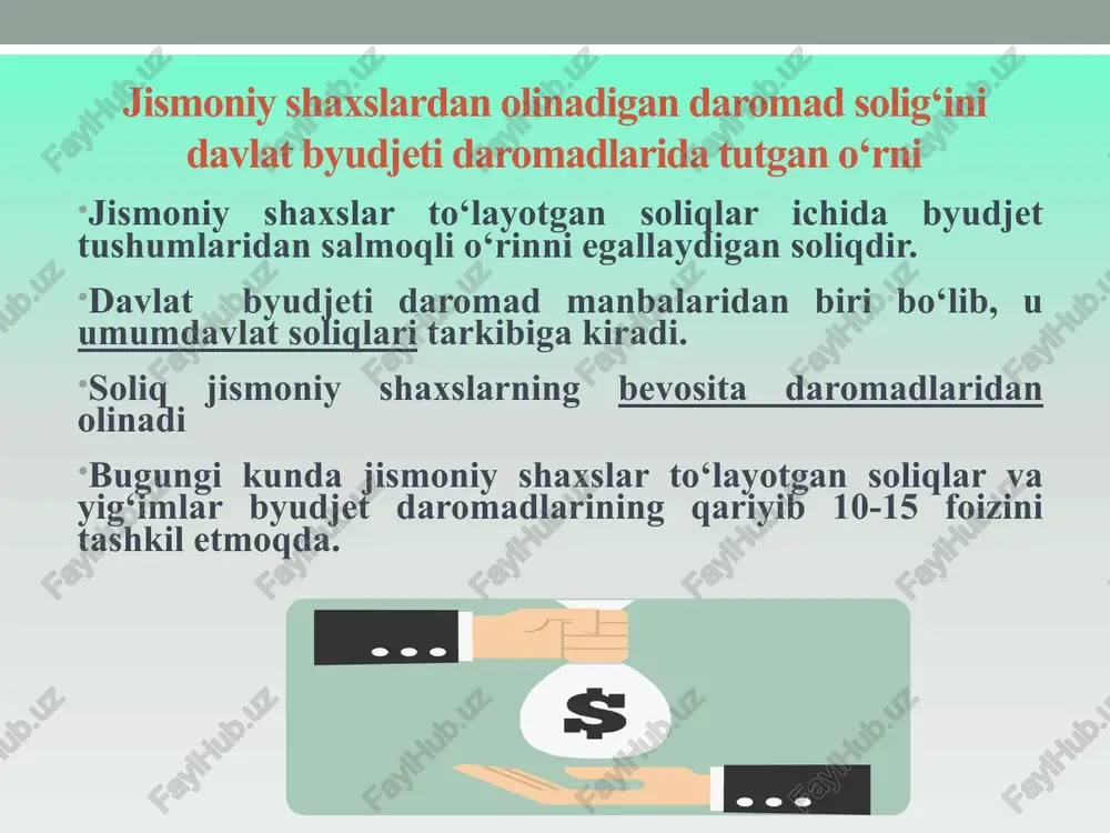 n respublikasi rezidentlari bo‘lgan yuridik shaxslar tomonidan chiqarilgan xalqaro obligatsiyalar bo‘yicha daromadlar; jismoniy shaxs foydasiga amalga oshiradigan quyidagi xarajatlariga soliq to‘lovchining daromadi sifatida qaralmaydi:: 1 mehnat sharoitlari noqulay bo‘lgan ishlarda band bo‘lgan xodimlarni qonunchilikda belgilangan tartibda sut, davolash-profilaktika oziq-ovqati, gazlangan sho‘r suv, shaxsiy himoya va gigiyena vositalari bilan ta’minlash bo‘yicha xarajatlari; 2 kasaba uyushmasi qo‘mitasi tomonidan amalga oshiriladigan to‘lovlar, shu jumladan a’zolik badallari hisobidan kasaba uyushmasi a’zolariga beriladigan moddiy yordam, bundan kasaba uyushmasi qo‘mitasining xodimlariga mehnat vazifalarini bajarganlik uchun beriladigan pul mukofotlari va boshqa to‘lovlar mustasno; 3 xodimlarni ish joyiga olib borish va olib qaytish bo‘yicha xarajatlari; 4 5 xizmat safarlariga oid quyidagi kompensatsiya to‘lovlari; o‘quvchilar va talabalarning ta’lim olishi uchun o‘zbekiston respublikasining professional va oliy ta’lim tashkilotlari bilan to‘g‘ridan-to‘g‘ri shartnomalar bo‘yicha pulli-kontrakt asosida o‘tkaziladigan mablag‘lar 6 xodimlarning malakasini oshirish va ularni qayta tayyorlash xarajatlari; 7 soliq to‘lovchining mijozlarning tovarlar va xizmatlarni sotib olish faolligini oshirishga qaratilgan va bonuslar (ballar, …