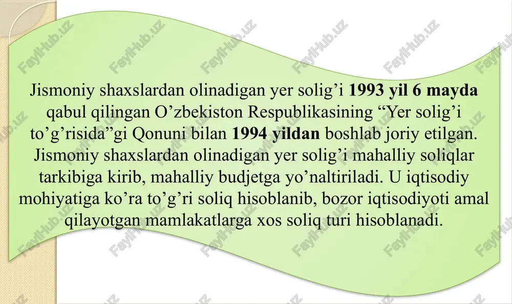 nmagan yerlar uchun tuman va shaharlar kesimida ularning iqtisodiy rivojlanishiga qarab, soliq stavkalarini belgilaydi; - tumanlar va shaharlar xalq deputatlari kengashlari belgilangan soliq stavkalariga toshkent shahri uchun esa —belgilangan bazaviy soliq stavkalariga 0,7 dan 3,0 gacha bo’lgan kamaytiruvchi va oshiruvchi koeffitsientlarni ularning hududlarida joylashgan daha, massiv, mahalla, ko’cha kesimida kiritadi. 16 yakka tartibda uy-joy qurish va turar joyni obodonlashtirish uchun berilgan yer uchastkalarining tomorqa qismiga qishloq xo’jaligi ekinlarini ekish yoki uni obodonlashtirish amalga oshirilmagan taqdirda soliq uch baravar miqdorda to’lanadi. yer uchastkalaridan hujjatlarsiz yoxud yer uchastkasiga bo’lgan huquqni tasdiqlovchi hujjatlarda ko’rsatilganidan kattaroq hajmda foydalanilganda, soliq stavkasi belgilangan soliq stavkalarining uch baravari miqdorida belgilanadi. jismoniy shaxslarga yakka tartibdagi turar joy qurish va obodonlashtirishga berilgan tomorqa yer uchastkalariga yakka tartibdagi uy-joy qurishga berilgan yer uchastkalari uchun belgilangan stavka qo’llaniladi. 17 18 soliqdan quyidagilar ozod qilinadi: 1) «o’zbekiston qahramoni», sovet ittifoqi qahramoni, mehnat qahramoni unvonlariga sazovor bo’lgan, uchala darajadagi shuhrat ordeni bilan taqdirlangan …