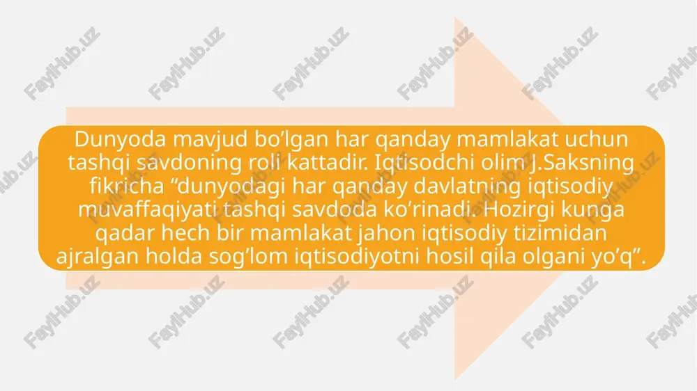 ormoqda. bu ham ijobiy, ham salbiy oqibatlarga olib keladi. tashqi savdo siyosatida ikkita asosiy yondashuv mavjud: erkin savdo va proteksionizm. erkin savdo (inglizcha free trade - free trade) - erkin savdoga qaratilgan tashqi savdo siyosati. xalqaro savdo sohasidagi davlat siyosati protektsionizm yaim o'sishini rag'batlantirish iqtisodiyotning yosh, rivojlanayotgan tarmoqlarini himoya qilish mudofaa sanoatini himoya qilish boshqa davlatlarning harakatlariga javob xorijiy ishchi kuchidan himoya qilish mahalliy ishlab chiqaruvchilarni dempingdan himoya qilish protektsionizm (inglizcha protect - protect) - erkin savdoni cheklash bo'yicha davlat siyosati: xalqaro savdo evolyutsiyasining besh bosqichi i bosqich - dastlabki tijorat davri (1500-1850); ii bosqich - xalqaro savdoning shakllanish davri (1850-1914 ) ; iii bosqich - ikki jahon urushi orasidagi davr (1914-1945); iv bosqich - urushdan keyingi davr (1945 - 70-yillarning birinchi yarmi); v bosqich - jahon iqtisodiyotining globallashuv davri (70-yillarning oxiri - bizning davrimizgacha). i bosqich birinchi bosqich yirik geografik kashfiyotlar davridan boshlanadi, bu esa yangi ochilgan erlarga tovarlarning …
