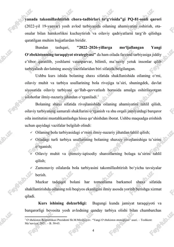rnini ilmiy-nazariy jihatdan tahlil qilish; · turli tarbiya usullarining bola rivojiga ta’sirini o‘rganish; · oilaviy muhit va uning bola psixologiyasi va ijtimoiylashuv jarayoniga ta’sirini aniqlash; · zamonaviy oilalarda bola tarbiyasini samarali yo‘lga qo‘yish bo‘yicha tavsiyalar ishlab chiqish. ushbu tadqiqot oilaviy tarbiyaning bola shaxsiga ta’sirini chuqur anglashga va oilada sog‘lom muhit yaratishning ahamiyatini ochib berishga xizmat qiladi. kurs ishining vazifasi: ushbu kurs ishi doirasida quyidagi vazifalar belgilab olindi: · bolaning shaxs sifatida shakllanishida oilaning o‘rnini ilmiy-nazariy jihatdan tahlil qilish; · oiladagi tarbiya usullarini o‘rganish va ularning bolaning rivojlanishiga ta’sirini aniqlash; · ota-ona va farzand o‘rtasidagi munosabatlarning bolaning psixologik va ijtimoiy rivojiga ta’sirini tahlil qilish; · oilaviy muhitning bolaning ma’naviy va axloqiy shakllanishiga ta’sirini o‘rganish; · zamonaviy oilalarda bola tarbiyasini samarali tashkil etish bo‘yicha tavsiyalar ishlab chiqish. kurs ishining obyekti: ushbu tadqiqotning obyekti – bolalarning shaxsiy rivojlanish jarayoni va oilaning bu jarayondagi o‘rni, shuningdek, oilaviy tarbiya tizimi va uning bolaning ma’naviy, axloqiy …