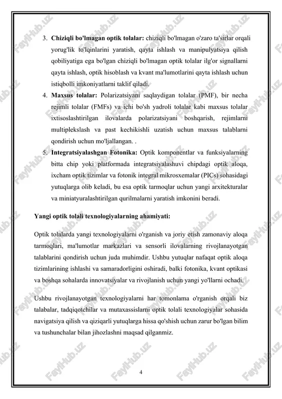 ovalar uchun ishlatiladi. 3. sinishi indeksi va snel qonuni sinishi indeksi optik tolalarda yorug'likning tarqalish xususiyatlarini aniqlashda hal qiluvchi rol o'ynaydi. snell qonuni yorug'likning yadro qoplamasi interfeysida sinishini tartibga solib, tushish burchagi, yadro va qoplamaning sinishi ko'rsatkichlari va sinish burchagi o'rtasidagi bog'liqlikni belgilaydi. ko'pincha bosqichli indeks yoki darajali indeks sifatida tavsiflangan tolaning sinishi indeksi profili tarqalish rejimlariga va optik tolaning ishlashiga ta'sir qiladi. 4. optik tolalardagi dispersiya dispersiya - optik tolalardagi uzatiladigan signallarning sifati va yaxlitligiga ta'sir ko'rsatadigan muhim omil. dispersiya yorug'lik impulslarining kengayishiga olib keladi, chunki ular tolalar bo'ylab tarqaladi, bu esa belgilararo interferentsiyaga (isi) olib keladi va signal-shovqin nisbatini pasaytiradi. optik tolalardagi dispersiyaning ikkita asosiy turi: · xromatik dispersiya: tolali materialning to'lqin uzunligiga bog'liq sinishi indeksidan kelib chiqqan holda, xromatik dispersiya turli xil to'lqin uzunliklarining turli tezliklarda harakatlanishiga olib keladi va pulsning tarqalishiga olib keladi. · modal dispersiya: modal dispersiya mmflarda turli rejimlarning o'zgaruvchan yo'l uzunligi tufayli yuzaga …