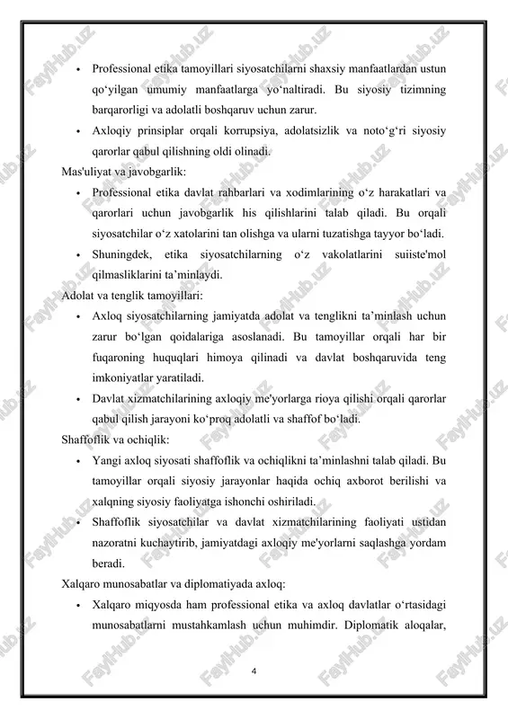 . fuqarolar siyosatchilardan nafaqat professional faoliyat, balki shaxsiy xulq-atvorlarida ham yuqori axloqiy qoidalarga amal qilishni kutishadi. · yangi axloq siyosati bu o‘zgaruvchan talablarni qondirishi va siyosatchilar hamda davlat xizmatchilari faoliyatini yangi sharoitlarga moslashtirishi zarur. siyosiy va ijtimoiy barqarorlikni ta'minlash: · siyosiy jarayonlarda axloqiy me’yorlar va tamoyillar buzilganda, bu ijtimoiy norozilikka sabab bo‘ladi va davlatning barqarorligiga tahdid soladi. yangi axloq siyosati siyosatchilar va davlat xizmatchilarining faoliyatini axloqiy qoidalarga asoslangan holda tartibga solish orqali ijtimoiy barqarorlikni saqlashga yordam beradi. · shuningdek, yangi axloq siyosati fuqarolar va siyosatchilar o‘rtasidagi ishonchni mustahkamlab, jamiyatdagi ijtimoiy ixtiloflarning oldini oladi. globallashuv va xalqaro talablar: · zamonaviy dunyoda siyosiy jarayonlar global miqyosda kechadi va davlatlar xalqaro me'yorlarga rioya qilishlari lozim. xalqaro tashkilotlar va kelishuvlar doirasida davlat boshqaruvining shaffofligi, axloqiyligi va javobgarligi tobora kuchli talab etilmoqda. · yangi axloq siyosati xalqaro hamjamiyat bilan hamkorlikda faoliyat yuritish uchun zarur bo‘lgan tamoyillarni joriy etadi. bu davlatlararo ishonchni oshiradi va xalqaro siyosiy …