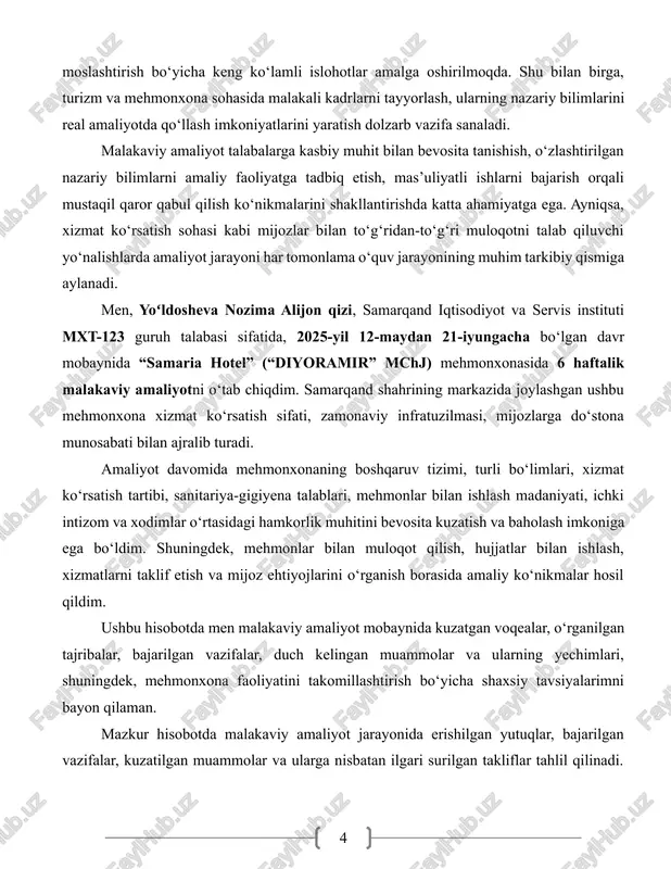 eradi. mehmonxonaning xonalaridagi interyer va dekoratsiya milliy an’analar bilan uyg‘unlashgan bo‘lib, mehmonlarga o‘zbek milliy madaniyati va mehmondo‘stligini his qilish imkonini beradi. 1-rasm. samaria hotel mehmonxona xizmatlari ro‘yxatida: yuqori sifatli xona ijarasi: mehmonxonada mehmonlarga eng yuqori sifat standartlariga javob beradigan, zamonaviy va qulay jihozlangan xonalar taqdim etiladi. har bir xona o‘ziga xos interyerga ega bo‘lib, barcha zarur qulayliklar bilan jihozlangan. bu esa mehmonlarga dam olish va ish faoliyatini samarali tashkil etish uchun qulay sharoit yaratadi. xonalar muntazam ravishda tozalanib, sanitariya-gigiyena talablariga qat’iy rioya qilinadi, bu esa mehmonlar xavfsizligi va farovonligini ta’minlaydi. shunday qilib, mehmonxona xizmatining muhim tarkibiy qismi sifatida sifatli va ishonchli xona band qilish xizmati taqdim etiladi. 2-rasm. yuqori sifatli xona restoran va kafe xizmatlari: mehmonxonada mehmonlarga zamonaviy talablar va an’anaviy taomlar asosida tayyorlangan yuqori sifatli oshxona xizmatlari ko‘rsatiladi. restoran va kafe bo‘limlari keng assortimentdagi milliy va xalqaro taomlar bilan ta’minlangan bo‘lib, mijozlarga qulay va yoqimli muhitda dam olish imkonini …
