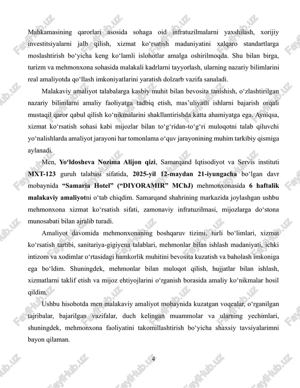 lar va xavfsizlik talablariga javob beradi. mehmonxonaning xonalaridagi interyer va dekoratsiya milliy an’analar bilan uyg‘unlashgan bo‘lib, mehmonlarga o‘zbek milliy madaniyati va mehmondo‘stligini his qilish imkonini beradi. 1-rasm. samaria hotel mehmonxona xizmatlari ro‘yxatida: yuqori sifatli xona ijarasi: mehmonxonada mehmonlarga eng yuqori sifat standartlariga javob beradigan, zamonaviy va qulay jihozlangan xonalar taqdim etiladi. har bir xona o‘ziga xos interyerga ega bo‘lib, barcha zarur qulayliklar bilan jihozlangan. bu esa mehmonlarga dam olish va ish faoliyatini samarali tashkil etish uchun qulay sharoit yaratadi. xonalar muntazam ravishda tozalanib, sanitariya-gigiyena talablariga qat’iy rioya qilinadi, bu esa mehmonlar xavfsizligi va farovonligini ta’minlaydi. shunday qilib, mehmonxona xizmatining muhim tarkibiy qismi sifatida sifatli va ishonchli xona band qilish xizmati taqdim etiladi. 2-rasm. yuqori sifatli xona restoran va kafe xizmatlari: mehmonxonada mehmonlarga zamonaviy talablar va an’anaviy taomlar asosida tayyorlangan yuqori sifatli oshxona xizmatlari ko‘rsatiladi. restoran va kafe bo‘limlari keng assortimentdagi milliy va xalqaro taomlar bilan ta’minlangan bo‘lib, mijozlarga qulay va …