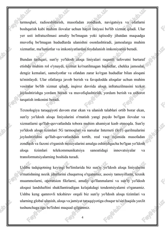 i uzatish va qabul qilish uchun ishlatiladi, bu stansiyalar o'rtasida ko'rish liniyasi aloqasini ta'minlaydi. oziqlantiruvchi tizimlar : koaksiyal kabellar yoki to'lqin o'tkazgichlar uzatuvchi va qabul qiluvchilarni modulyatsiyalangan signallarni olib yuruvchi antennalarga ulaydi. minoralar va qo'llab-quvvatlovchi tuzilmalar : minoralar yoki qo'llab-quvvatlovchi tuzilmalar antennalarni baland balandliklarda o'rnatish uchun qurilgan bo'lib, binolar va erning xususiyatlari kabi to'siqlar ustidan ko'rish chizig'i aloqasini osonlashtiradi. chastota diapazonlari : radioreleli aloqa tizimlari turli chastota diapazonlarida, jumladan, mikroto'lqinli diapazonlarda (masalan, c-diapazoni, ku-band, ka-tasma) va e-band va v-band kabi yuqori chastota diapazonlarida ishlaydi. har bir chastota diapazoni tarqalish, tarmoqli kengligi va tartibga solish nuqtai nazaridan turli xususiyatlarni taklif qiladi, bu radiorele aloqalarining dizayni va ishlashiga ta'sir qiladi. ilovalar : mobil tarmoqlar uchun qayta yuklash : radiorele tizimlari mobil telekommunikatsiya tarmoqlarida tayanch stantsiyalar va asosiy tarmoqlar o'rtasidagi trafikni qayta yuklash uchun keng qo'llaniladi. so'nggi mil ulanishi : simli infratuzilma amaliy bo'lmagan qishloq yoki kam ta'minlangan hududlarda radioreleyli tizimlar tejamkor so'nggi …