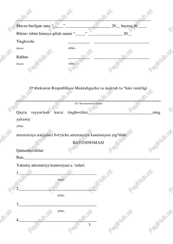 tasdiqlansin. yakuniy davlat attestatsiyasidan muvaffaqiyatli oʻtgan________qayta tayyorlash kursi tinglovchilariga _________fandan dars berish yoki ixtisoslik boʻyicha kasbiy (pedagogik) faoliyat bilan shugʻullanish huquqini berish boʻyicha tasdiqdangan namunadagi diplom berilsin. 5 komissiya raisi _______________________________________________________________ __________________________ (fish) imzo komissiya aʻzolari _______________________________________________________________ __________________________ (fish) imzo _______________________________________________________________ __________________________ (fish) imzo _______________________________________________________________ __________________________ (fish) imzo _______________________________________________________________ __________________________ (fish) imzo “____”_____________20___y 6 mundarija kirish……………………....….................................................................................7 i. bob. yordamchi soʻzlarning tasnifi 1.1 .yordamchi soʻzlar tushunchasi va ta’rifi.............................................................16 1.2. yordamchi soʻzlarning morfologik tasnifi….................................................... 24 1.3. yordamchi soʻzlarning gapdagi oʻrni va sintaktik tuzilmadagi vazifalari..........36 ii. bob. yordamchi soʻzlarning sintaktik xususiyatlari 2.1 yordamchi soʻzlarning gapda ishlatilish oʻrni va vazifasi.....................................42 2.2 yordamchi soʻzlarning gapda bogʻlovchi vazifasi................................................55 2.3 yordamchi soʻzlarning soʻz turkumlari bilan bogʻlanishi....................................62 xulosa……………………………………….....................................................…69 foydalanilgan adabiyotlar roʻyxati..............................................70 ilovalar..................................................................................... ...........................71 7 kirish bitiruv malakaviy ishining mavzusinin