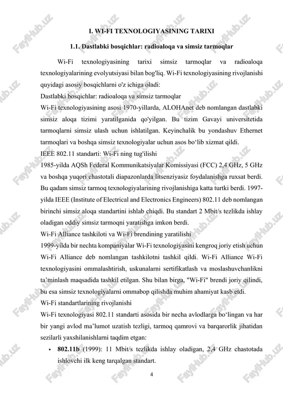 , xavfsizlik, barqarorlikni ta’minlaydi. 5. wi-fi ning zamonaviy rivojlanishi va kelajakdagi istiqbollari wi-fi 6e va wi-fi 7 kabi yangi standartlar yuqori chastotali diapazonlardan foydalanib, tezlik va qamrovni oshirishga qaratilgan. iot va aqlli qurilmalar sonining ko‘payishi bilan wi-fi texnologiyasi yanada muhim ahamiyat kasb etmoqda. bugungi kunda wi-fi texnologiyasi uylar, ofislar, jamoat joylari va sanoat sohalarida keng qo‘llanilmoqda. wi-fi texnologiyasining doimiy rivoji uning yuqori tezlik, barqarorlik va xavfsizlik talablariga javob berish imkoniyatlarini kengaytirishda davom etmoqda. wi-fi texnologiyasining ildizlari radioaloqa va simsiz tarmoqlarning dastlabki ishlanmalariga borib taqaladi. bu bosqichlar simsiz aloqaning asosiy tamoyillarini rivojlantirishga yordam bergan va hozirgi zamonaviy wi-fi texnologiyasi uchun yo‘l ochgan. radioaloqaning rivoji radioaloqa 19-asr oxirida yaratilgan bo‘lib, dastlab uzoq masofaga ma'lumotlarni simsiz uzatish usuli sifatida qo‘llanilgan. guglielmo marconi va aleksandr popov kabi olimlar radio signallarni uzatish va qabul qilish texnologiyasini yaratdilar. radio to‘lqinlar yordamida simsiz aloqa o‘rnatish keyinchalik tarmoq texnologiyalarini rivojlantirishda muhim rol o‘ynadi. alohanet tizimi 1970-yilda gavayi universitetida …