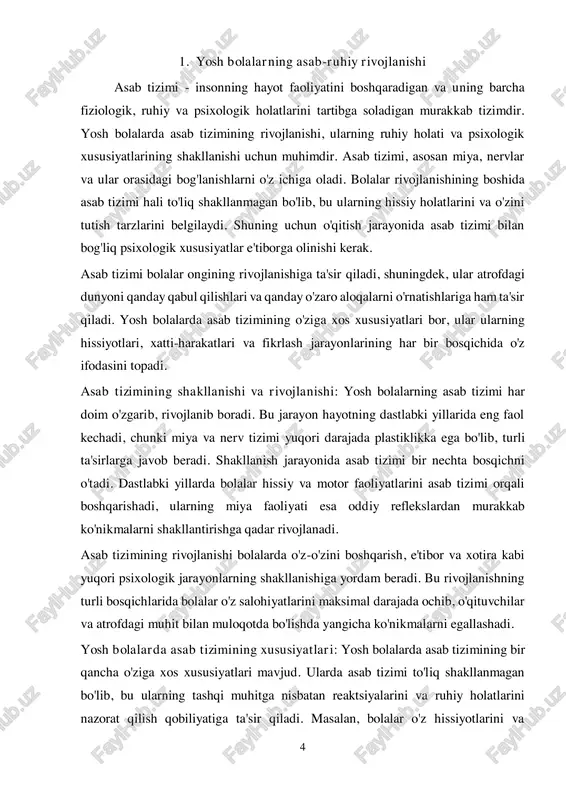 bu esa ularning ta'lim olish jarayoniga salbiy ta'sir ko'rsatishi mumkin. shuning uchun, pedagogik jarayonni tashkil etishda bolalarning asab tizimining rivojlanishiga mos keladigan yondashuvlar qo'llanishi kerak. bolalar uchun og'ir yoki murakkab vazifalar noqulay va ular o'zlarini qiyin his qilishlari mumkin. shuning uchun o'qituvchi bolaning asab tizimi rivojlanishining hozirgi bosqichiga mos ravishda o'qitish metodlarini tanlashi muhimdir. o'qitish jarayonida asab tizimining o'zgarishi: o'qitish jarayonida bolalar asab tizimi tobora rivojlanib boradi, bu esa ularning diqqatini jamlash, o'z hissiyotlarini boshqarish va ongli fikrlash qobiliyatlarini oshiradi. bolalarning asab tizimining rivojlanishiga yordam beruvchi pedagogik metodlar ta'lim jarayonining muvaffaqiyatli bo'lishiga asos bo'ladi. o'qituvchilar bolalar asab tizimining xususiyatlarini hisobga olib, o'quv jarayonida ularning individual ehtiyojlariga javob beruvchi yondashuvlarni ishlab chiqishlari kerak. asab-ruhiy ta'limning bolalar rivojiga ta'siri: asab-ruhiy ta'lim, bolalarning asab tizimining rivojlanishiga va ularning ruhiy holatini boshqarishga to'g'ridan-to'g'ri ta'sir ko'rsatadi. pedagogik ta'lim bolalarning hissiy reaktsiyalarini tartibga solish, 6 ijtimoiy o'zaro munosabatlarni boshqarish va estetik va axloqiy qadriyatlarni shakllantirishda yordam …