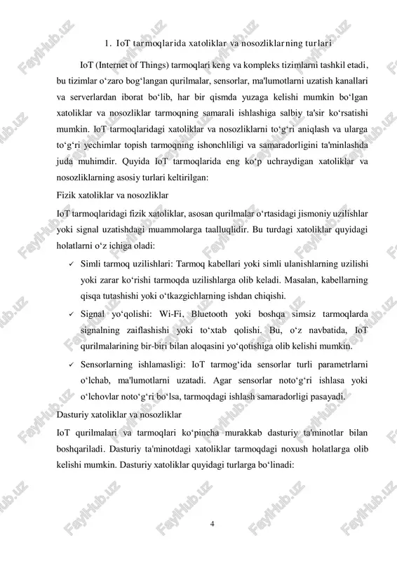 r tarmoqda zararli hujumchilarning qo‘lida bo‘lishi mumkin.  xavfsizlikni buzish: iot qurilmalarining dasturiy ta'minoti yoki tarmoqdagi muammolar xavfsizlikni buzishi mumkin. masalan, qurilmaga zararli dasturlar yoki viruslar o‘rnatilishi mumkin.  avtorizatsiya va autentifikatsiya muammolari: iot tarmoqlaridagi qurilmalarga kirishni cheklovchi autentifikatsiya va avtorizatsiya tizimlarining nosozligi tarmoqni xavf ostiga qo‘yadi. qurilmalar o‘rtasidagi integratsiya va moslashuvchanlik muammolari iot tizimlarida turli ishlab chiqaruvchilarning qurilmalari ishlaydi, bu esa integratsiya va moslashuvchanlik muammolarini keltirib chiqaradi. bu muammolar quyidagicha bo‘lishi mumkin:  protokol mosligi: turli qurilmalar o‘rtasida ishlatiladigan protokollar bir- biriga mos kelmasligi yoki to‘g‘ri ishlamasligi mumkin.  platformalar o‘rtasidagi moslik: iot qurilmalari ko‘pincha turli platformalar va dasturiy ta'minotlarda ishlaydi. agar ular o‘rtasida moslik bo‘lmasa, tizim samarali ishlamaydi. iot tarmoqlaridagi xatoliklar va nosozliklar turli xil bo‘lishi mumkin va ular tarmoqning ishonchliligi va samaradorligini pasaytiradi. bu tarmoqlarni boshqarishda xatoliklar va nosozliklarni aniqlash va bartaraf etish juda muhim ahamiyatga ega. shuning uchun, iot tizimlarida yuzaga keladigan muammolarni o‘z vaqtida aniqlash …