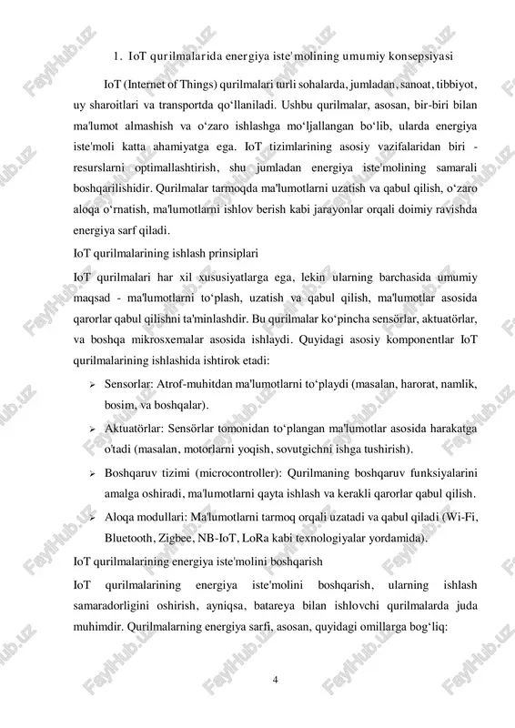 . buning uchun quyidagi metodlar ishlatiladi:  energiya tahlili: qurilmaning turli komponentlarining energiya sarfini tahlil qilish, ma'lumot uzatish jarayonidagi energiya iste'molini o‘rganish va kerakli optimallashtirishlarni amalga oshirish.  simulyatsiya va modeling: iot tizimlarida energiya sarfini simulyatsiya qilish, qurilmalar o‘rtasidagi aloqalarni modellash va energiya samaradorligini oshirishning eng yaxshi usullarini aniqlash. 6  boshqaruv algoritmlari: energiya sarfini minimallashtirish uchun optimallashtirilgan boshqaruv algoritmlarini ishlab chiqish. bu algoritmlar sensörlar faoliyatini, tarmoq aloqalarini va energiya iste'molini boshqarishda yordam beradi. iot qurilmalarida energiya iste'molining ahamiyati iot qurilmalarining energiya iste'moli ularning samaradorligi, uzoq muddatli ishlash imkoniyati va umumiy ish faoliyatiga katta ta'sir ko‘rsatadi. energiya samaradorligini oshirish quyidagi foydalarga olib keladi:  batareya muddatini uzaytirish: iot qurilmalari uzoq vaqt davomida ishlash imkoniyatiga ega bo‘ladi, bu esa ularga uzoq muddatli xizmat ko‘rsatishni ta'minlaydi.  tarmoq samaradorligini oshirish: energiya tejash orqali iot tarmoqlari ko‘proq qurilma va ma'lumotlarni o‘z ichiga olishi mumkin, bu esa tizimning umumiy samaradorligini oshiradi.  ekologik jihatdan …