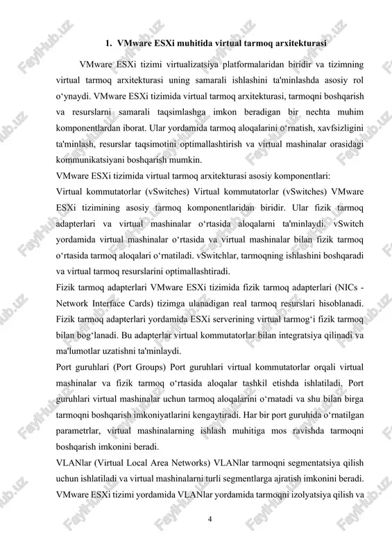 adagi moslashuvchanlikni ta'minlaydi. virtual kommutatorlar yordamida tarmoq resurslarini samarali taqsimlash, port guruhlari orqali virtual mashinalar o‘rtasida tarmoq aloqalarini boshqarish va vlanlar yordamida tarmoq xavfsizligini ta'minlash imkoniyatlari mavjud. bundan tashqari, vmware esxi tizimida dvs va vcenter server yordamida tarmoqni markazlashtirilgan tarzda boshqarish imkoniyati mavjud. shu bilan birga, vmware esxi tizimi virtual tarmoq resurslarini boshqarish va kengaytirish uchun o‘ta samarali vositalarga ega. tarmoqni boshqarish va optimallashtirish orqali, tizimning ishlashini yanada samarali qilish mumkin. 2. vmware esxi tarmog‘ini boshqarish va xavfsizlikni ta'minlash vmware esxi tizimi virtualizatsiya muhitida tarmoq resurslarini boshqarish va xavfsizligini ta'minlashda juda muhim rol o'ynaydi. vmware esxi yordamida virtual tarmoq komponentlarini samarali boshqarish va tarmoq xavfsizligini ta'minlash uchun bir qator vositalar va usullar mavjud. tarmoq xavfsizligini oshirish va samarali boshqarish uchun vmware esxi tizimi quyidagi asosiy komponentlar va yondashuvlardan foydalanadi: tarmoqni boshqarish uchun vmware esxi tizimining vositalari vswitch (virtual kommutator): vmware esxi tizimida virtual kommutatorlar (vswitches) asosiy tarmoq boshqaruv komponentlaridir. virtual …