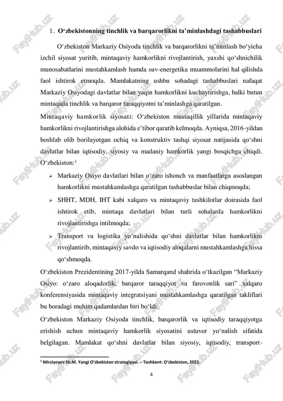 hal qilishga erishdi. bu esa chegara hududlarida barqarorlikni ta’minlashga xizmat qilmoqda.  diplomatik aloqalarni mustahkamlash o‘zbekiston markaziy osiyo davlatlari bilan oliy darajadagi uchrashuvlarni muntazam tashkil qilib, mintaqaviy muammolarni hal etish uchun siyosiy muloqotni faollashtirdi. natijada, qo‘shni mamlakatlar bilan savdo, transport, suv resurslarini boshqarish va xavfsizlik sohalarida hamkorlik yangi bosqichga ko‘tarildi.  qo‘shni davlatlar bilan iqtisodiy integratsiya  o‘zbekiston va qozog‘iston o‘rtasida strategik sheriklik mustahkamlanib, savdo hajmi sezilarli darajada oshdi.  qirg‘iziston bilan transport va energetika loyihalarida hamkorlik kengaytirildi.  tojikiston bilan uzoq yillik iqtisodiy va siyosiy kelishmovchiliklar bartaraf etilib, hamkorlik yangi bosqichga chiqdi.  turkmaniston bilan gaz transporti va logistika sohasidagi hamkorlik mustahkamlandi. suv-energetika masalalarini hal etishdagi roli: o‘zbekiston markaziy osiyoda suv va energetika sohasidagi muammolarni hal etish uchun hamkorlik siyosatini 6 yo‘lga qo‘ygan. mintaqa davlatlari o‘rtasida uzoq yillar davomida kelishmovchiliklarga sabab bo‘lgan suv resurslarini boshqarish masalasida o‘zbekiston tinch yo‘l bilan hal etish tarafdori bo‘lib kelmoqda.  mintaqaviy suv resurslarini …