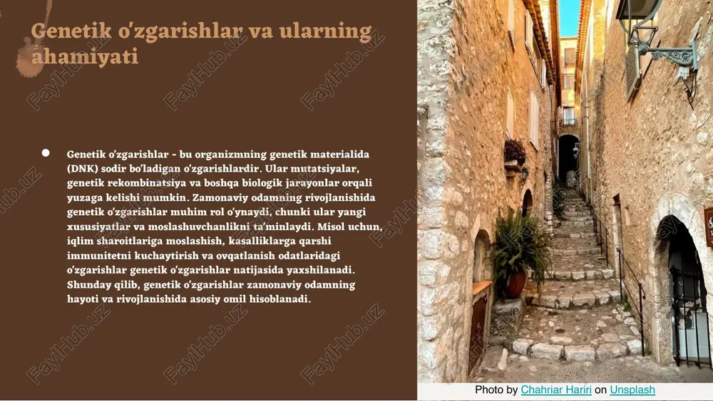 xulq-atvor keltirib chiqarishi. ● masalan, ijtimoiy tarmoqlarning haddan tashqari qo'llanilishi depressiya va tashvish hissiyotlarini kuchaytirishi mumkin. photo by chahriar hariri on unsplash https://unsplash.com/@cfhariri?utm_source=ai_slide_maker&utm_medium=referral https://unsplash.com/photos/a-narrow-alleyway-with-stone-steps-and-potted-plants-mdl4txroudq?utm_source=ai_slide_maker&utm_medium=referral zamonaviy odam: yana bir ko'zgu zamonaviy odam ijtimoiy muhitda paydo bo'lishi va rivojlanishi jarayonida ko'plab omillar ta'sir qiladi. masalan, ijtimoiy tarmoqlar va onlayn platformalar odamlarning fikrlarini, tajribalarini baham ko'rishi uchun yangi imkoniyatlar yaratdi. bu jarayonlar orqali odamlar o'zaro munosabatlarini rivojlantirib, global madaniyatni shakllantirishda ishtirok etmoqda. xususan, instagram kabi platformalar yosh avlod o'rtasida ijtimoiy ta'sirni kuchaytiradi, bu esa zamonaviy odamlarning hayot tarzi va qarashlariga sezilarli ta'sir ko'rsatadi. photo by europeana on unsplash photo by the new york public library on unsplash https://unsplash.com/@europeana?utm_source=ai_slide_maker&utm_medium=referral https://unsplash.com/photos/people-in-traditional-dress-painting-9niqk5ppajo?utm_source=ai_slide_maker&utm_medium=referral https://unsplash.com/@nypl?utm_source=ai_slide_maker&utm_medium=referral https://unsplash.com/photos/grayscale-photography-of-man-and-woman-standing-beside-jewelry-display-jbpg5oftbly?utm_source=ai_slide_maker&utm_medium=referral ijtimoiy omillar va odamlar photo by sigmund on unsplash https://unsplash.com/@sigmund?utm_source=ai_slide_maker&utm_medium=referral https://unsplash.com/photos/people-sitting-on-red-chairs-inside-building-sntlp_lvxey?utm_source=ai_slide_maker&utm_medium=referral odam va texnologiya: ijtimoiy o'zgarishlar zamonaviy texnologiyalar insonlarning ijtimoiy hayotiga katta ta'sir ko'rsatmoqda. internet va mobil qurilmalar odamlar orasidagi aloqani osonlashtiradi, yangi ijtimoiy tarmoqlarni yaratadi. biroq, bu