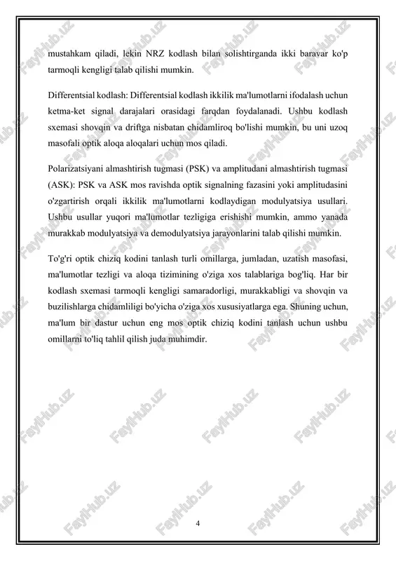 bu raqamli ma'lumotlarni yuqori aniqlik bilan optik tolali kabellar orqali uzatilishi mumkin bo'lgan optik signallarga aylantirish imkonini beradi, ma'lumotlarning samarali uzatilishini, signalning yaxlitligini va ishonchli aloqani ta'minlaydi. shu sababli, optik aloqa tarmoqlarining ishlashi va imkoniyatlarini optimallashtirish uchun to'g'ri optik chiziq kodini tanlash juda muhimdir. 2. optik chiziqni kodlashda rivojlanayotgan tendentsiyalar va innovatsiyalarga umumiy nuqtai. optik liniyalarni kodlash bo'yicha rivojlanayotgan tendentsiyalar va innovatsiyalar optik aloqa tizimlarining landshaftini doimiy ravishda o'zgartirib, ma'lumotlarni uzatish tezligi, samaradorlik va ishonchlilikning rivojlanishiga turtki bo'lmoqda. bu ishlanmalar bulutli hisoblash, 5g ulanishi va ma’lumotlar markazlarining o‘zaro ulanishlari kabi ilovalarni qo‘llab-quvvatlash uchun yuqori tezlikdagi va yuqori sig‘imli optik tarmoqlarga ortib borayotgan talabni qondirish uchun juda muhimdir. optik chiziq kodlashning asosiy tendentsiyalari va yangiliklariga umumiy nuqtai nazar: 1. kengaytirilgan modulyatsiya sxemalari: eng muhim tendentsiyalardan biri to'rtburchak amplituda modulyatsiyasi (qam) va kogerent aniqlash usullari kabi ilg'or modulyatsiya sxemalarini qabul qilishdir. ushbu usullar yuqori darajadagi modulyatsiya va spektral samaradorlikni oshirishga imkon beradi, …
