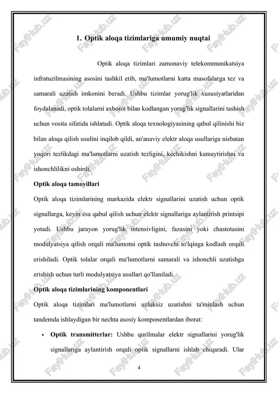 hidagi serverlar va saqlash tizimlarining tezkor va samarali o'zaro bog'lanishini osonlashtiradi, bulutli hisoblash va katta ma'lumotlar tahliliga o'sib borayotgan talabni qo'llab-quvvatlaydi. · suv osti kabellari: mustahkam optik tolalar va takroriy stansiyalardan foydalangan holda dengiz osti optik aloqa aloqalari, qit'alarni bog'laydi va global aloqani ta'minlaydi, xalqaro telekommunikatsiya va internetga ulanishni qo'llab-quvvatlaydi. · sun'iy yo'ldosh aloqalari: masofadan zondlash, ob-havo monitoringi va sun'iy yo'ldoshga asoslangan internet xizmatlari uchun yuqori tezlikdagi ma'lumotlarni uzatishni ta'minlovchi sun'iy yo'ldoshdan yerga va sun'iy yo'ldoshdan sun'iy yo'ldoshga aloqa aloqalari uchun optik aloqa tizimlari tobora ko'proq qabul qilinmoqda. xulosa qilib aytganda, optik aloqa tizimlari bizning bir-biriga bog'langan dunyomizni shakllantirishda muhim rol o'ynaydi va raqamli asr uchun zarur bo'lgan yuqori sig'imli, yuqori tezlikda va ishonchli aloqa echimlarini taklif qiladi. texnologiyaning rivojlanishi davom etar ekan, optik aloqa tizimlarining evolyutsiyasi global ulanishimizni yanada kuchaytiradigan yangi ilovalar va xizmatlarni taqdim etish imkonini beruvchi innovatsiyalarni davom ettiradi.nachalo formi optik aloqa yorug'lik to'lqinlari yordamida, odatda optik …