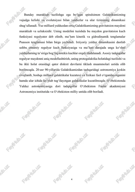 i uning oʻtmishi, diametri, aylanishi, harakati va harorati orqali aniqlanadi. yulduz haroratining uning yorqinligiga nisbati jadvali yoki hertzsprung–russell diagrammasi (h-r diagramma), yulduz yoshi va evolutsiyaviy holatini bilishga yordam beradi. yulduz vodoroddan iborat materiya buluti kollapsi bilan boshlanadi, unda oz miqdorda geliy va ogʻirroq unsurlar ham boʻlishi mumkin. yulduz yadrosi yetarlicha zich boʻla boshlaganida vodorodning bir qismi yadroviy reaksiya orqali zudlik bilan geliyga aylanadi. yadrosidan tashqaridagi yulduz massasi yadrodan energiyani radiatsiya va konveksiya jarayonlari orqali sirtga olib chiqadi. yulduzning ichki bosimi uni keyingi kollapsdan (oʻz ichiga qulab tushishdan) saqlaydi. vodorod yoqilgʻisi tugaganida, massasi quyosh massasining kamida 0,4 boʻlgan yulduz kengayib, qizil gigantga aylanadi, baʼzi hollarda ogʻirroq unsurlar ishlab chiqarishni boshlaydi. keyin yulduz degenerat shaklga oʻtib, moddasining bir qismini yulduzlararo muhitga chiqaradi, bu modda u yerda ogʻir unsurlari koʻproq boʻlgan yangi yulduzlar avlodini shakllantiradi. juft va koʻp-yulduzli tizimlar bir-biri bilan gravitatsiya orqali bogʻlangan va bir-birining atrofida sobit orbitalarda aylanuvchi ikki yoki undan …
