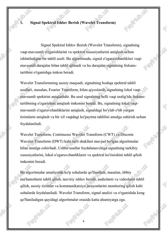 otlarni aniqlab olish va ularni bartaraf qilishda yordam beradi. bu usullar tashqi qavotlarning o'zgarishlariga asoslangan filtrlashni amalga oshirishga imkon beradi. tashqi qavotlarni aniqlash uchun signal statistik ma'lumotlariga asoslangan turli usullar foydalaniladi. masalan, statistik metodlar signal o'zgarishlarini aniqlab olish va tashqi qavotlarni tushuntirishda ishlatiladi. wavelet transform: wavelet transform, signalda lokal o'zgaruvchanliklarni aniqlashda muhimdir va bu, tashqi qavotlarni bartaraf qilishda ham foydali bo'ladi. uni tashqi faktorlar identifikatsiyasi va ularni tashlab chiqishga yordam berish uchun qo'llash mumkin. bu usullar yordamida, signalda bo'lgan tashqi qavotlar identifikatsiya qilinib, ular bartaraf qilinadi va signalning asosiy ma'lumotlari yaxshilanadi. bu, masalan, tibbiyotda diagnostika, kommunikatsiya tizimlarida, elektronika sohasida signal o'zgarishlarini optimallashtirish va h.k. da juda muhim bo'ladi. rasm tasvirlash va signal kompressiyasi: bu algoritmalar, tasviriy ishlov berishda yoki signal ma'lumotlarini to'plamlashda, ma'lumotlarni eng muhim va sifatli qismlarga kompressiya qilishda yordam beradi. sanoat va tibbiyot sohalari: wavelet transform, sanoat sohasida sinal tahlili, tibbiyotda tasviriy diagnostika, elektronika sohasida ishlov berish va …