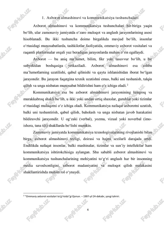 r o‘tkaziladi. ayniqsa, yoshlar ongida bu jarayon kuchli namoyon bo‘ladi.3 bilim va ko‘nikmalar rivoji — axborot almashinuvi bilim olish va o‘zini rivojlantirishning asosiy vositasidir. bugungi kunda insonlar onlayn kurslar, elektron kutubxonalar, vebinarlar orqali bilim olmoqda. bu esa uzluksiz o‘qish va kasbiy rivojlanishni ta’minlaydi. ijtimoiy muloqot va psixologik barqarorlik — axborot almashuvi orqali shaxs boshqalar bilan muloqot qiladi, ijtimoiy guruhlarning bir qismi sifatida 3 mirziyoyev sh.m. yangi o‘zbekiston strategiyasi. – toshkent: “o‘zbekiston” nmiu, 2021. 6 o‘zini anglaydi. yolg‘izlik, tushkunlik kabi psixologik muammolarning oldini olishda kommunikatsiyaning ahamiyati katta. jamiyat hayotiga ta’siri: axborot almashinuvi jamiyatni bir butun tizim sifatida faoliyat yuritishiga xizmat qiladi. u orqali jamiyat a’zolari o‘rtasida o‘zaro aloqalar o‘rnatiladi, hamkorlik va o‘zaro tushunish muhitini shakllantiradi. axborot almashinuvisiz hech bir ijtimoiy institut samarali faoliyat yurita olmaydi. ijtimoiy barqarorlik va muvofiqlik — jamiyatdagi barcha sohalar — ta’lim, sog‘liqni saqlash, boshqaruv, xavfsizlik — samarali ishlashi uchun axborot ayirboshlash talab etiladi. davlat idoralari va aholining …