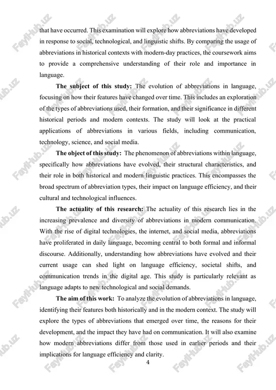 and purpose. · to explore the role of abbreviations in contemporary communication, particularly in fields such as technology, business, and social media. · to analyze the impact of abbreviations on language efficiency, communication, and understanding. · to identify challenges and criticisms related to the overuse or misuse of abbreviations in both formal and informal language. the methods of investigation: · historical research: analyzing primary texts from different historical periods to study how abbreviations were used in the past. · comparative analysis: comparing the features and forms of abbreviations in earlier and modern languages to identify differences and trends. · content analysis: studying contemporary written and digital communication (e.g., social media, professional documents) to understand current abbreviation practices. · linguistic analysis: examining how abbreviations affect the structure, syntax, and semantics of language in various contexts. · survey or interviews (optional): gathering opinions from language users or experts on their views regarding …