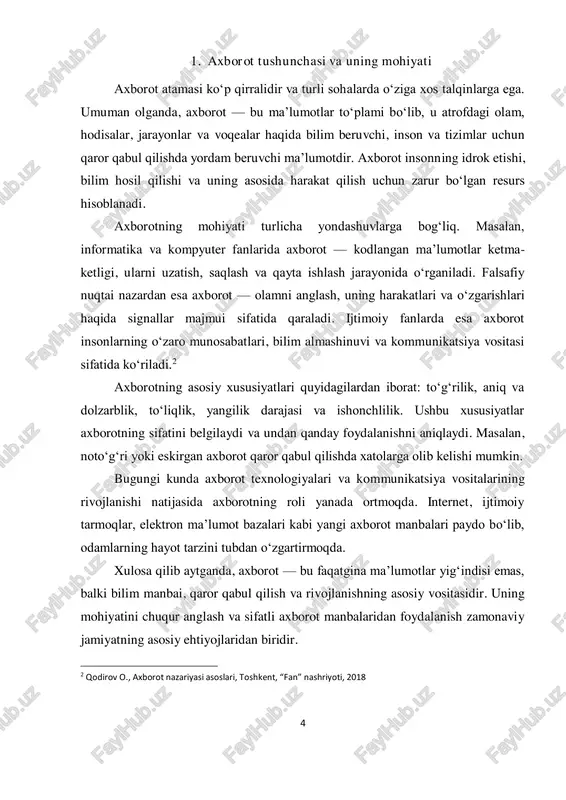 . kitoblar ko‘plab sohalar uchun mustahkam bilim poydevorini yaratadi. ilmiy jurnallar va maqolalar: ilmiy jurnallar malakali mutaxassislar tomonidan chop etiladi va sohadagi yangi tadqiqotlar, ixtirolar va nazariy yangiliklarni o‘z ichiga oladi. maqolalar muayyan mavzuni chuqur tahlil qiladi va yangicha qarashlarni taqdim etadi. gazetalar va jurnallar: ushbu manbalar kundalik yoki haftalik yangiliklar, siyosat, iqtisodiyot, madaniyat va boshqa sohalardagi voqealar haqida ma’lumot beradi. ular tezkor axborot olish uchun qulay, ammo ko‘pincha chuqur tahlil talab qilinmaydi. 3 usmonov s., axborot manbalari va ularning turlari, toshkent, “akademnashr”, 2017 6 arxiv hujjatlari va rasmiy hujjatlar: tarixiy, huquqiy, iqtisodiy va siyosiy ma’lumotlarni saqlovchi rasmiy hujjatlar bo‘lib, ular tadqiqotlar va hujjatlashtirish uchun zarurdir. zamonaviy (raqamli) axborot manbalari: texnologiyalar rivojlanishi bilan axborot manbalari yangi ko‘rinishga ega bo‘ldi. elektron va raqamli manbalar juda ko‘p ma’lumotni tez va oson olish imkonini beradi: elektron kutubxonalar va ma’lumot bazalari: bugungi kunda ko‘plab ilmiy va o‘quv adabiyotlari elektron shaklda mavjud. jstor, google scholar, …