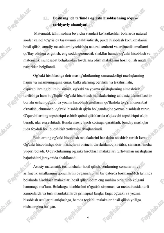 kishi uncha murakkab bo'lmagan hisoblashlarni "zehnda" tez va to'g'ri bajarishni bilishining amaliy ahamiyatidan tashqari, og'zaki hisobni o'zbek uslubshunoslari doim bolalarning arifmetika darslarida olgan nazariy bilimlarini chuqurlashtirishning yaxshi vositalaridan biri deb qaraydilar. og'zaki hisob asosiy matematik tushunchalarni shakllantirishga sonlarning qo'shiluvchilardan, ko'paytuvchilardan iborat tarkibi bilan yanada chuqurroq tanishishga, arifmetik amallarning qonunlarini va boshqalarni yaxshi o'rganishga yordam beradi. og'zaki hisob mashqlarga tarbiyaviy jihatdan ham yuksak baho berib kelingan: og'zaki hisob bolalarda fahm-farosat, zehn, diqqatning rivojlanishiga, bolalar xotirasini, aktivligini, chaqqonligini, sezgirlik va fikrlashda mustaqilligini rivojlantiradi deb hisoblangan. hozirgi zamon maktabida og'zaki va yozma hisoblar qanday o'rin tutishi kerak? shu asosiy masala bilan bog'langan qanday xususiy masalalar maktab tajribasida tekshirib ko'rishni talab qiladi.? hisoblashning ikkala turi ham boshlangmch matematika ta'limi sistemasida muhim ro'lini saqlashi kerak. matematik ma'lumotnoma jadval o'quvchilar turmushda uchratadigan hollarning hammasini o'z ichiga ololmaydi. o'quvchilar mustaqil bajargan arifmetik shakl almashtirishlar ularga shakl almashtirishning o'zi nima ekanini tushunishga yordam etadi, busiz o'quvchilarga jadvallarni tushunib …