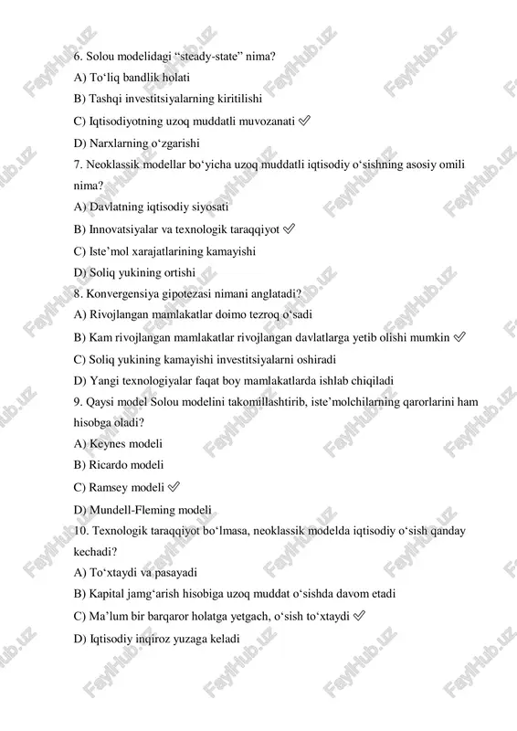 n diagrammaning umumiy qismi) [ iqtisodiy o‘sishning neoklassik modellari ] ────────────── / | \ [kapital] [mehnat] [texnologik taraqqiyot] | | | jamg‘arish aholi o‘sishi innovatsiyalar investitsiyalar mehnat unumdorligi ilm-fan va r&d chegaraviy samaradorlik ta’lim va malaka oshirish solou qoldig‘i \ | / ────────────── [davlat siyosati] [bozor sharoitlari] | | soliq va rag‘batlantirish erkin raqobat fiskal va monetar choralar resurslar samarali taqsimoti izoh: ushbu diagrammada iqtisodiy o‘sishning neoklassik modellari asosiy omillar bilan bog‘langan. kapital, mehnat, texnologik taraqqiyot va davlat siyosati asosiy sabablar sifatida ko‘rsatilgan. o‘xshash jihatlar (venn diagrammaning umumiy qismi) neoklassik iqtisodiy o‘sish modellari makroiqtisodiyot va mikroiqtisodiyot bilan bog‘liq jihatlarga ega. ularning umumiy qismi quyidagicha: 📌 iqtisodiy samaradorlik – resurslar optimal taqsimlanishi va samarali foydalanish. 📌 talab va taklif – ikkala soha ham talab va taklif qonunlariga asoslanadi. 📌 investitsiyalar – iqtisodiy o‘sish kapital qo‘yilmalari bilan bog‘liq. 📌 raqobat – bozor ishtirokchilari orasida samaradorlikni oshiradi. 📌 texnologik taraqqiyot – innovatsiyalar iqtisodiy …