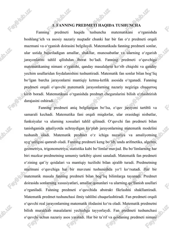 a kabi bo‘limlar mavjud. bu bo‘limlarning har biri mazkur predmetning umumiy tarkibiy qismi sanaladi. matematik fan predmeti o‘zining qat’iy qoidalari va mantiqiy tuzilishi bilan ajralib turadi. predmetning mazmuni o‘quvchiga har bir mavzuni tushunishda yo‘l ko‘rsatadi. har bir matematik masala fanning predmeti bilan bog‘liq bilimlarga tayanadi. predmet doirasida sonlarning xususiyatlari, amallar qonunlari va ularning qo‘llanish usullari o‘rganiladi. fanning predmeti o‘quvchida abstrakt fikrlashni shakllantiradi. matematik predmet tushunchasi ilmiy tahlilni chuqurlashtiradi. fan predmeti orqali o‘quvchi real jarayonlarning matematik ifodasini ko‘ra oladi. matematik predmetni bilish murakkab masalalarni yechishga tayyorlaydi. fan predmeti tushunchasi o‘quvchi uchun nazariy asos yaratadi. har bir ta’rif va qoidaning predmeti nimani anglatishi haqida tasavvur paydo bo‘ladi. matematik predmetni chuqur o‘rganish kelajakdagi murakkab mavzularni oson qabul qilishga yordam beradi. fanning predmeti o‘quvchini tartibli fikrlashga o‘rgatadi. matematikaning predmeti kelajakdagi texnik, iqtisodiy, muhandislik va ilmiy yo‘nalishlar uchun mustahkam bilim bazasini yaratadi. fanning predmeti orqali o‘quvchi matematik tushunchalarning hayotiy ahamiyatini anglaydi. matematika predmeti o‘zgaruvchilar, ularning …