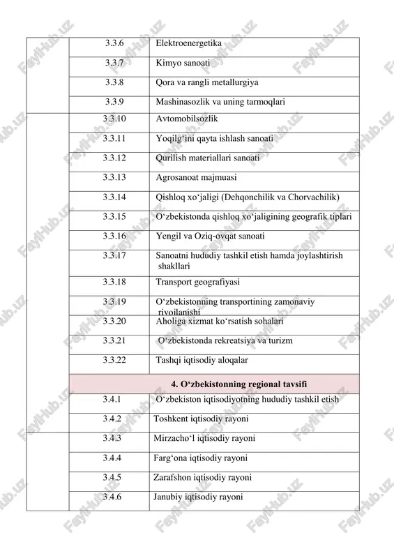 ‘rtasidagi munosabatlar 5.3.2 antropogen landshaftlar 5.3.3 tabiatni muhofaza qilishning geografik asoslari 4. amaliy geografik tadqiqotlar 5.4.1 tabiiy geografik jarayonlar 5.4.2 geografik baholash 5.4.3 geografik pragnoz 5.4.4 atrof-muhit monitoringi va geografik –ekologik eksperetiza asoslari 5. dunyoning geosiyosiy manzarasi va global muammolar 5.5.1 dunyoning geosiyosiy tizmi va uning shakllanishi 5.5.2 jahondagi zamonaviy geosiyosiy vaziyat. davlatlarning integratsion uyushmalari 5.5.3 insoniyatning global muammolari vii umumiy geografik qonuniyatlar, geografiya nazariyasi asosida masala, misol va topshiriqlar. viii geografiya fani mazmunini o‘zida ifodalovchi xarita va atlaslar asosiy foydalanishga tavsiya etiladigan adabiyotlar 1. 5-sinf. geografiya (tabiiy geografiya boshlang‘ich kursi). p.g‘ulomov va b. “mitti yulduz”. 2020 2. 6-sinf. tabiiy fan (sceince). k. t. suyarov, z. b. sangirova, m. t. umaraliyeva,s. g‘. xasanova, m. k. yuldasheva, d. t. hasanova. “ilm-nashr” 2022 3. 6-sinf. geografiya (materiklar va okeanlar tabiiy geografiyasi). a.soatov va b. “o‘qituvchi”. 2017 4. 7-sinf. geografiya (o‘rta osiyo va o’zbekiston tabiiy geografiyasi). p.g‘ulomov va b. “o‘qituvchi”. 2017 5. 8-sinf. …