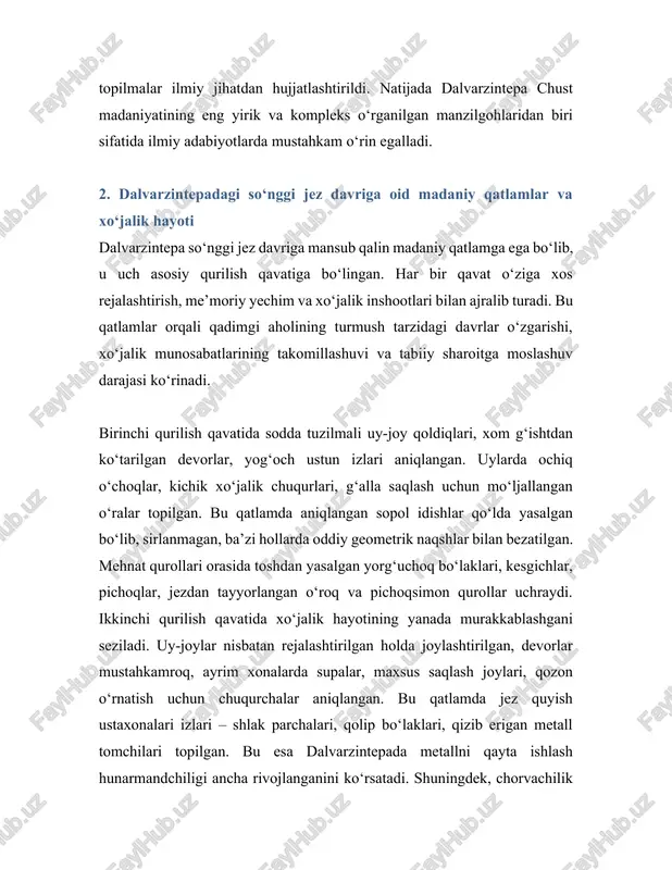 a arpa donlari bu hududda dehqonchilik asosiy tirikchilik manbai bo‘lganidan dalolat beradi. donni qayta ishlashda yorg‘uchoq va charx toshlardan faol foydalanilgan. shuningdek, sopol idishlarning shakli va bezaklarida ham ma’lum o‘zgarishlar kuzatiladi – devorlari ingichkaroq, ba’zi idishlarda qizil angob bilan qoplash, to‘lqinli chiziqlar bilan bezash usuli ko‘rinadi. xo‘jalik hayotini tavsiflar ekanmiz, dalvarzintepada dehqonchilik va chorvachilik bilan birga kulolchilik, metallga ishlov berish, yog‘ochsozlik kabi tarmoqlar ham rivojlanganini ta’kidlash zarur. topilmalar orasida uy-ro‘zg‘or buyumlari, bezaklar, o‘yinchoqlar uchrashi bu jamiyatda nafaqat ishlab chiqarish, balki maishiy va madaniy hayot ham anchayin boy bo‘lganini ko‘rsatadi. 3. dalvarzintepa aholisining etnik tarkibi, maishiy turmushi va dafn marosimlari dalvarzintepada olib borilgan arxeologik qazishmalar jarayonida ko‘plab inson skeletlari, alohida suyaklar va dafn marosimlariga oid dalillar aniqlangan. bu topilmalar antropologik tadqiqotlar uchun muhim material bo‘lib xizmat qiladi. tadqiqotchilar suyaklarni tahlil qilar ekan, dalvarzintepada yashagan aholi antropologik jihatdan asosan yevropeoid irqiga mansub bo‘lganini qayd etadilar. biroq ayrim skeletlarda mahalliy aralash tip xususiyatlari …