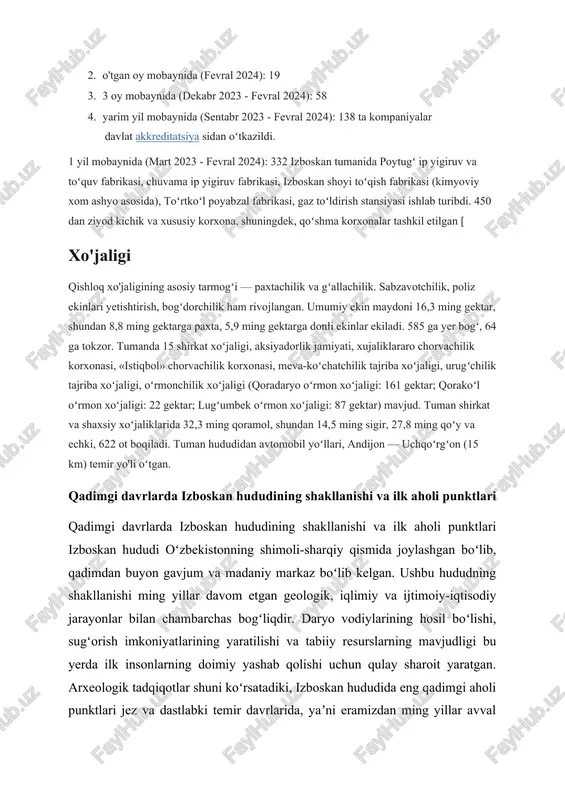 lik buyumlari, tosh va bronza mehnat qurollari topilgan. bu topilmalar oʻsha davr aholisining turmush tarzi, texnologik yutuqlari va hunarmandchilik darajasi haqida qimmatli maʼlumotlar beradi. hududning iqlimi ham oʻziga xos boʻlib, moʻtadil iqlim va toʻyimli tuproqlar qishloq xoʻjaligi mahsulotlarining yetishtirilishiga yordam bergan. vaqt oʻtishi bilan, ayniqsa, sugʻorish texnologiyalarining rivojlanishi bilan, aholi punktlari kattalashib borgan va yanada murakkab ijtimoiy-iqtisodiy tuzilmalar shakllana boshlagan. qadimgi xorazm, soʻgʻdiyona va fargʻona vodiysining boshqa markazlari bilan boʻlgan aloqalar izboskan hududining madaniy va savdo-iqtisodiy rivojlanishiga ham taʼsir koʻrsatgan. bu davrlarda izboskan hududida hatto kichik shaharlar ham vujudga kelgan boʻlishi mumkin, ular atrofida joylashgan qishloqlarni oʻziga boʻysundirgan. xulosa qilib aytganda, izboskan hududining shakllanishi tabiat bilan insonning oʻzaro taʼsirining uzoq va murakkab jarayonidir, bu jarayon natijasida qadimda koʻplab aholi punktlari paydo boʻlib, kelajakda bu hududning muhim markazga aylanishiga zamin yaratgan. oʻrta asrlarda izboskan tumani savdo va hunarmandchilik markazi sifatida oʻrta asrlarda izboskan tumani savdo va hunarmandchilik markazi sifatida oʻrta asrlar …