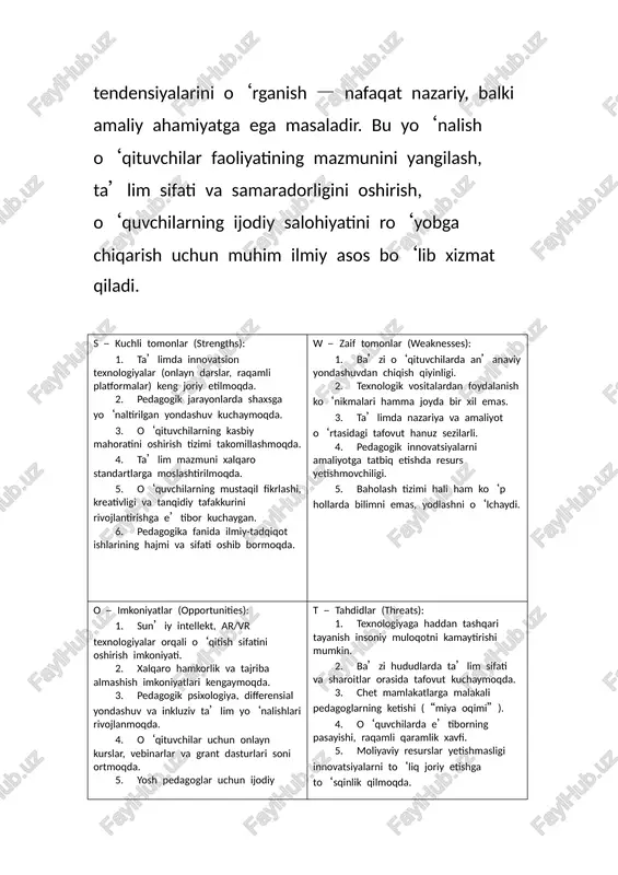 ga va o‘z qarorlarini asoslashga o‘rgatadi. pedagogikaning rivojlanishida davlat siyosatining roli ham beqiyosdir. o‘zbekiston respublikasida ta’lim tizimini isloh qilish, o‘qituvchilarning maqomini oshirish, ularni zamonaviy metodikalarga o‘rgatish, hamda yosh avlodni barkamol inson sifatida voyaga yetkazish borasida keng ko‘lamli ishlar amalga oshirilmoqda. bu esa mamlakatimizning kelajagi — yoshlar ta’limi va tarbiyasi bilan chambarchas bog‘liqligini yana bir bor tasdiqlaydi. umuman olganda, pedagogikaning taraqqiyot tendensiyalari — bu o‘tgan asr tajribasi bilan zamonaviy yondashuvlarning uyg‘unlashuvidir. u insonni butun hayot davomida o‘rganishga, o‘z ustida ishlashga va ijtimoiy hayotda faol bo‘lishga undaydi. shu bois pedagogik yangilanishlar jarayonida har bir o‘qituvchi zamonaviy bilim va ko‘nikmalarga ega, o‘z kasbiga sadoqatli, yosh avlod uchun ibrat bo‘lishi lozim. pedagogika taraqqiyoti insoniyat taraqqiyotining ajralmas qismidir. shunday ekan, kelajakda ta’lim tizimining yanada takomillashuvi, pedagoglarning kasbiy yetukligi va shaxsiy mas’uliyati jamiyatning barqaror rivojlanishida hal qiluvchi omil bo‘lib qoladi.